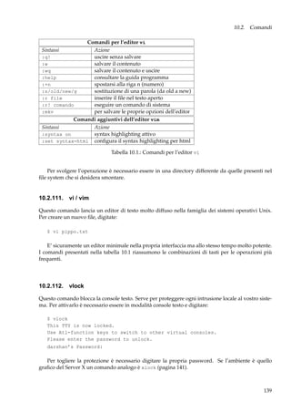 10.2. Comandi
Comandi per l’editor vi
Sintassi
Azione
:q!
uscire senza salvare
:w
salvare il contenuto
:wq
salvare il contenuto e uscire
:help
consultare la guida programma
:+n
spostarsi alla riga n (numero)
:s/old/new/g
sostituzione di una parola (da old a new)
:r file
inserire il ﬁle nel testo aperto
:r! comando
eseguire un comando di sistema
:mkv
per salvare le proprie opzioni dell’editor
Comandi aggiuntivi dell’editor vim
Sintassi
Azione
:syntax on
syntax highlighting attivo
:set syntax=html conﬁgura il syntax highlighting per html
Tabella 10.1.: Comandi per l’editor vi
Per svolgere l’operazione è necessario essere in una directory differente da quelle presenti nel
ﬁle system che si desidera smontare.

10.2.111. vi / vim
Questo comando lancia un editor di testo molto diffuso nella famiglia dei sistemi operativi Unix.
Per creare un nuovo ﬁle, digitate:
$ vi pippo.txt

E’ sicuramente un editor minimale nella propria interfaccia ma allo stesso tempo molto potente.
I comandi presentati nella tabella 10.1 riassumono le combinazioni di tasti per le operazioni più
frequenti.

10.2.112. vlock
Questo comando blocca la console testo. Serve per proteggere ogni intrusione locale al vostro sistema. Per attivarlo è necessario essere in modalità console testo e digitare:
$ vlock
This TTY is now locked.
Use Atl-function keys to switch to other virtual consoles.
Please enter the password to unlock.
darshan’s Password:

Per togliere la protezione è necessario digitare la propria password. Se l’ambiente è quello
graﬁco del Server X un comando analogo è xlock (pagina 141).

139

 