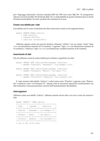 22.3. SQL in pillole
per i linguaggi relazionali e divenne standard ISO nel 1987 nota come SQL/86. Si susseguirono
ulteriori revisioni da SQL/89 all’attuale SQL/92. La disponibilità di questo standard apre la strada
all’intercomunicabilita’ fra tutti i prodotti che si basano su di esso.

Creare una tabella per i dati
Una tabella sarà il vostro contenitore dei dati e può essere creata con la seguente forma:
mysql>
>
>
>

CREATE TABLE rubrica(
nome char(15),
cognome char(15),
indirizzo varchar(40));

Abbiamo appena creato una piccola struttura chiamata “rubrica” con un campo “nome” (tipo
CHAR con dimensione massima di 15 caratteri), “cognome” (tipo CHAR con dimensione massima di
15 caratteri) e “indirizzo” (tipo VARCHAR con dimensione variabile massima di 40 caratteri).

Inserimento di dati
Ora che abbiamo creato la nostra tabella provvediamo a popolarla con dati:
mysql> INSERT INTO rubrica(nome,cognome, indirizzo)
> VALUES (“Charles”, “Bukowski”, “via Esempio 12”);
mysql> INSERT INTO rubrica(nome,cognome, indirizzo)
> VALUES ("Stefano", "Benni", "via Sport 1");
mysql> INSERT INTO rubrica(nome,cognome, indirizzo)
> VALUES ("Vittorio", "Garbino", "via Zucchero 4");

E’ stato inserito nella tabella “rubrica” i valori nome come “Charles”, cognome come “Bukowski” e indirizzo come “via Esempio 12”. Questa come le successive operazioni amministrative sui
dati richiedono i necessari permessi concessi dall’amministratore del database.

Interrogazioni
Abbiamo creato una tabella “rubrica”, abbiamo inserito alcuni dati e ora non ci resta che estrarre i
dati:
mysql> SELECT * FROM rubrica
+----------+----------+----------------+
| nome
| cognome |
indirizzo
|
+----------+----------+----------------+
| Charles | Bukowski | via Esempio 12 |
+----------+----------+----------------+
| Stefano | Benni
| via Sport 1
|
+----------+----------+----------------+
| Vittorio | Garbino | via Zucchero 4 |
+----------+----------+----------------+
3 row in set (0.01 sec);

211

 