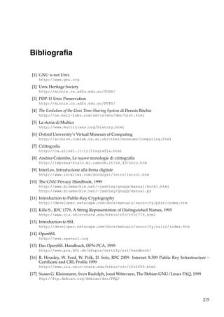 Bibliograﬁa
[1] GNU is not Unix
http://www.gnu.org

[2] Unix Heritage Society
http://minnie.cs.adfa.edu.au/TUHS/

[3] PDP-11 Unix Preservation
http://minnie.cs.adfa.edu.au/PUPS/

[4] The Evolution of the Unix Time-Sharing System di Dennis Ritchie
http://cm.bell-labs.com/cm/cs/who/dmr/hist.html

[5] La storia di Multics
http://www.multicians.org/history.html

[6] Oxford University’s Virtual Museum of Computing
http://archive.comlab.ox.ac.uk/other/museums/computing.html

[7] Crittograﬁa
http://ca.alinet.it/crittografia.html

[8] Andrea Colombo, Le nuove tecnologie di crittograﬁa
http://impresa-stato.mi.camcom.it/im_43/colo.htm

[9] InterLex, Introduzione alla ﬁrma digitale
http://www.interlex.com/docdigit/intro/intro1.htm

[10] The GNU Privacy Handbook, 1999
http://www.bluemarble.net/~jashley/gnupg/manual/book1.html
http://www.bluemarble.net/~jashley/gnupg/manual.ps

[11] Introduction to Public-Key Cryptography
http://developer.netscape.com/docs/manuals/security/pkin/index.htm

[12] Kille S., RFC 1779, A String Representation of Distinguished Names, 1995
http://www.cis.ohio-state.edu/htbin/rfc/rfc1779.html

[13] Introduction to SSL
http://developer.netscape.com/docs/manuals/security/sslin/index.htm

[14] OpenSSL
http://www.openssl.org

[15] Das OpenSSL Handbuch, DFN-PCA, 1999
http://www.pca.dfn.de/dfnpca/certify/ssl/handbuch/

[16] R. Housley, W. Ford, W. Polk, D. Solo, RFC 2459: Internet X.509 Public Key Infrastructure –
Certiﬁcate and CRL Proﬁle 1999
http://www.cis.ohio-state.edu/htbin/rfc/rfc2459.html

[17] Susan G. Kleinmann, Sven Rudolph, Joost Witteveen, The Debian GNU/Linux FAQ, 1999
ftp://ftp.debian.org/debian/doc/FAQ/

215

 