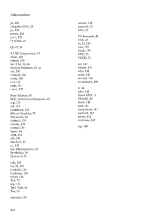 Indice analitico
pr, 128
Progetto GNU, 25
ps, 128
pstree, 129
pwd, 129
Pyramid, 25
Qt, 47, 56
RAND Corporation, 15
rdate, 129
reboot, 130
Red Hat, 56, 64
Richard Stallman, 25, 46
rm, 130
rmmod, 130
route, 130
rp3, 197
rpm, 131
rsync, 132
Sam Ockman, 45
SCO, Santa Cruz Operation, 25
scp, 133
set, 133
shutdown, 133
Silicon Graphics, 25
Slackware, 64
slattach, 133
slocate, 134
source, 134
Sparc, 64
split, 134
ssh, 134
Stardent, 25
su, 135
Sun Microsystems, 25
Symbolics, 30
System V, 25
talk, 135
tar, 38, 135
tcpdchk, 136
tcpdump, 136
telnet, 136
TeX, 33
top, 137
Troll Tech, 46
Tux, 63
umount, 138

222

uname, 138
useradd, 92
USG, 25
VA Research, 45
VAX, 25
vi, 24, 139
vim, 139
vlock, 139
VMS, 25
VUCK, 33
wc, 140
whatis, 140
who, 141
write, 140
wvdial, 196
wvdialconf, 196
X, 34
xdvi, 141
Xerox XNS, 19
XFree86, 40
xlock, 141
xset, 141
xsetpointer, 141
xsetroot, 142
xterm, 142
xvidtune, 142
zip, 140

 