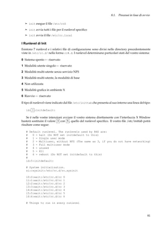 8.1. Processi in fase di avvio
¢ init esegue il ﬁle /etc/rcS
¢ init avvia tutti i ﬁle per il runlevel speciﬁco
¢ init avvia il ﬁle /etc/rc.local

I Runlevel di Init
Esistono 7 runlevel e i relativi ﬁle di conﬁgurazione sono divisi nelle directory precedentemente
viste in /etc/rc.d/ nella forma rc#.d. I runlevel determinano particolari stati del vostro sistema:
0 Sistema spento ← riservato
1 Modalità utente singolo ← riservato
2 Modalità multi-utente senza servizio NFS
3 Modalità multi-utente, la modalità di base
4 Non utilizzata
5 Modalità graﬁca in ambiente X
6 Riavvio ← riservato
Il tipo di runlevel viene indicato dal ﬁle /etc/inittab che presenta al suo interno una linea del tipo:
id: 3 :initdefault:

Se è nelle vostre intenzioni avviare il vostro sistema direttamente con l’interfaccia X Window
basterà sostituire il valore 3 con 5 , quello del runlevel speciﬁco. Il vostro ﬁle /etc/inittab potrà
risultare come segue:
# Default runlevel. The runlevels used by RHS are:
#
0 - halt (Do NOT set initdefault to this)
#
1 - Single user mode
#
2 - Multiuser, without NFS (The same as 3, if you do not have networking)
#
3 - Full multiuser mode
#
4 - unused
#
5 - X11
#
6 - reboot (Do NOT set initdefault to this)
#
id:5:initdefault:
# System initialization.
si::sysinit:/etc/rc.d/rc.sysinit
l0:0:wait:/etc/rc.d/rc
l1:1:wait:/etc/rc.d/rc
l2:2:wait:/etc/rc.d/rc
l3:3:wait:/etc/rc.d/rc
l4:4:wait:/etc/rc.d/rc
l5:5:wait:/etc/rc.d/rc
l6:6:wait:/etc/rc.d/rc

0
1
2
3
4
5
6

# Things to run in every runlevel

81

 