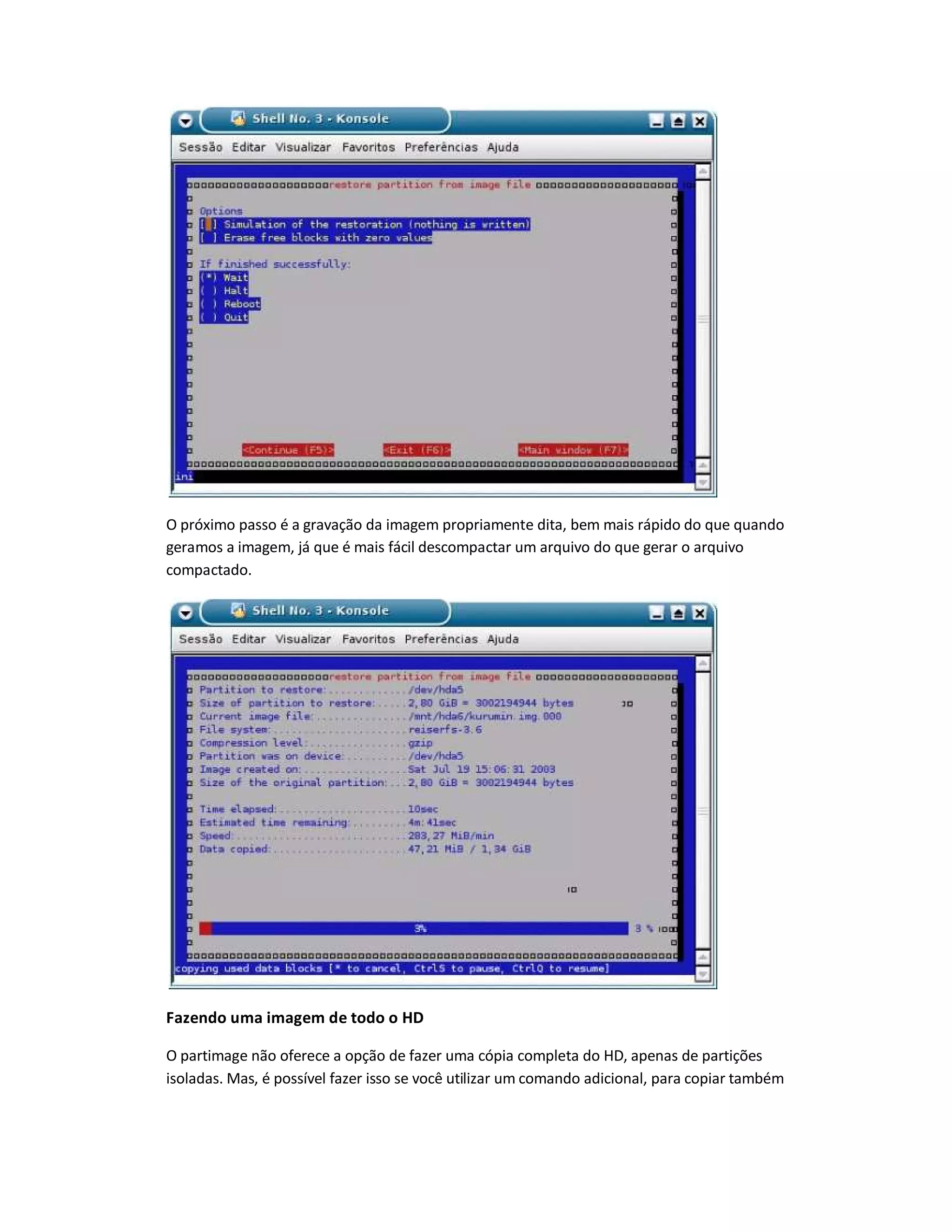 O próximo passo é a gravação da imagem propriamente dita, bem mais rápido do que quando
geramos a imagem, já que é mais fácil descompactar um arquivo do que gerar o arquivo
compactado.
Fazendo uma imagem de todo o HD
O partimage não oferece a opção de fazer uma cópia completa do HD, apenas de partições
isoladas. Mas, é possível fazer isso se você utilizar um comando adicional, para copiar também
 
