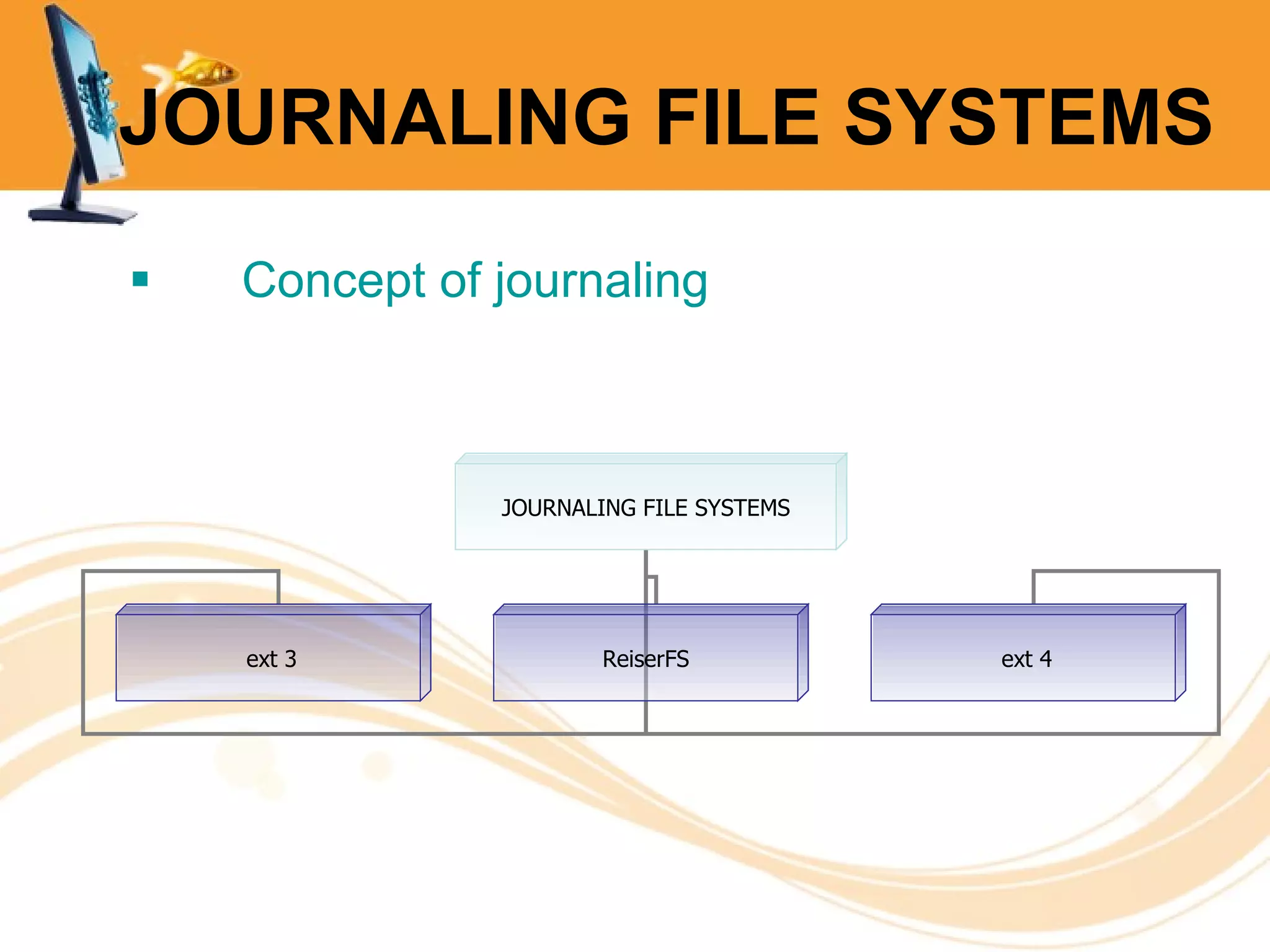 JOURNALING FILE SYSTEMS Concept of journaling JOURNALING FILE SYSTEMS ext 3 ReiserFS ext 4 