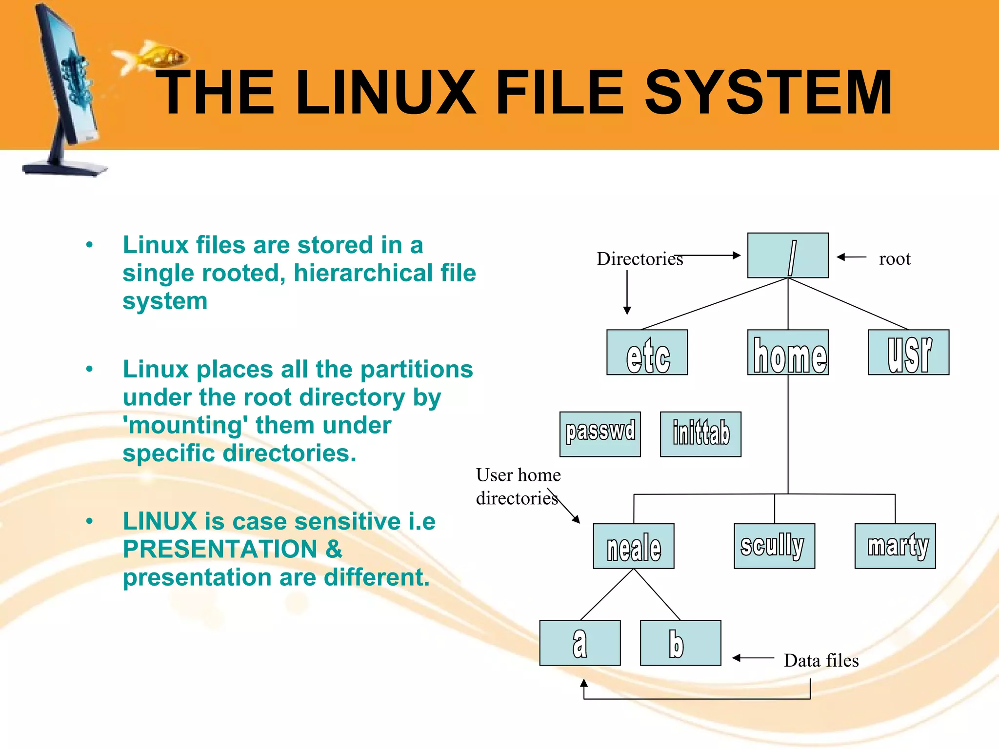 THE LINUX FILE SYSTEM Linux files are stored in a single rooted, hierarchical file system Linux places all the partitions under the root directory by 'mounting' them under specific directories. LINUX is case sensitive i.e PRESENTATION & presentation are different. / etc home usr passwd inittab neale scully marty a b Directories User home directories Data files root 