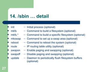 14. /sbin … detail init  mkfs  mkfs.*  mkswap  reboot  route  swapon  swapoff  update  Initial process (optional) Command to build a filesystem (optional) Command to build a specific filesystem (optional) Command to set up a swap area (optional) Command to reboot the system (optional) IP routing table utility (optional) Enable paging and swapping (optional) Disable paging and swapping (optional) Daemon to periodically flush filesystem buffers (optional) 