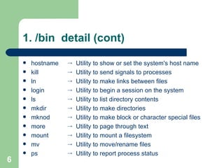 1. /bin  detail (cont) hostname kill ln login ls mkdir mknod more mount mv ps Utility to show or set the system's host name Utility to send signals to processes Utility to make links between files Utility to begin a session on the system Utility to list directory contents Utility to make directories Utility to make block or character special files Utility to page through text Utility to mount a filesystem Utility to move/rename files Utility to report process status 