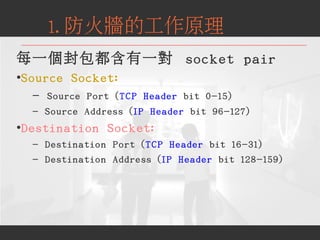 每一個封包都含有一對 socket pair
●
Source Socket:
- Source Port (TCP Header bit 0-15)
- Source Address (IP Header bit 96-127)
●
Dest...