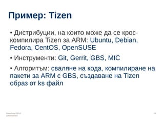 OpenFest 2014 
@leonanavi 
20 
Пример: Tizen 
● Дистрибуции, на които може да се крос- 
компилира Tizen за ARM: Ubuntu, De...