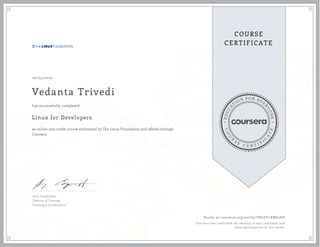 EDUCA
T
ION FOR EVE
R
YONE
CO
U
R
S
E
C E R T I F
I
C
A
TE
COURSE
CERTIFICATE
06/04/2020
Vedanta Trivedi
Linux for Developers
an online non-credit course authorized by The Linux Foundation and offered through
Coursera
has successfully completed
Jerry Cooperstein
Director of Training
Training & Certification
Verify at coursera.org/verify/U8LEYLKMS5PH
Coursera has confirmed the identity of this individual and
their participation in the course.
 
