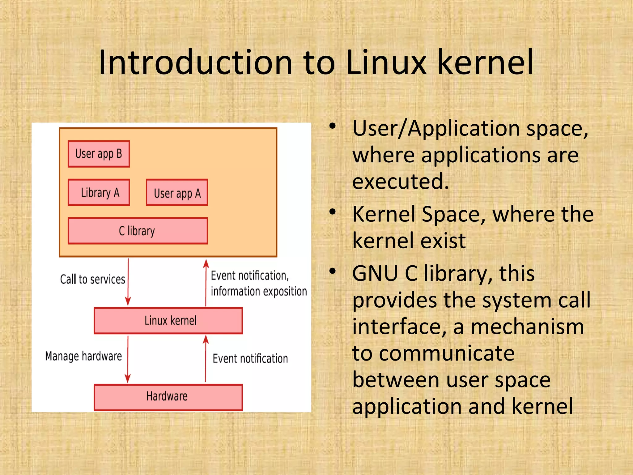 Introduction to Linux kernel
              • User/Application space,
                where applications are
                executed.
              • Kernel Space, where the
                kernel exist
              • GNU C library, this
                provides the system call
                interface, a mechanism
                to communicate
                between user space
                application and kernel
 
