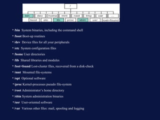 • /bin System binaries, including the command shell
• /boot Boot-up routines
• /dev Device files for all your peripherals
• /etc System configuration files
• /home User directories
• /lib Shared libraries and modules
• /lost+found Lost-cluster files, recovered from a disk-check
• /mnt Mounted file-systems
• /opt Optional software
•/proc Kernel-processes pseudo file-system
• /root Administrator’s home directory
• /sbin System administration binaries
•/usr User-oriented software
• /var Various other files: mail, spooling and logging
 