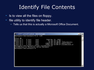 Identify File Contents
• ls to view all the files on floppy.
• file utility to identify file header.
   – Tells us that this is actually a Microsoft Office Document.
 