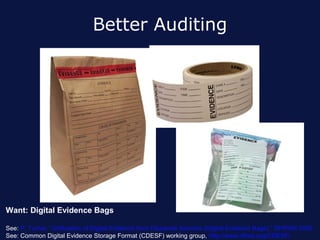 Better Auditing




Want: Digital Evidence Bags

See: P. Turner, “Unification of Digital Evidence from Disparate Sources (Digital Evidence Bags),” DFRWS 2005
See: Common Digital Evidence Storage Format (CDESF) working group, http://www.dfrws.org/CDESF/.
 