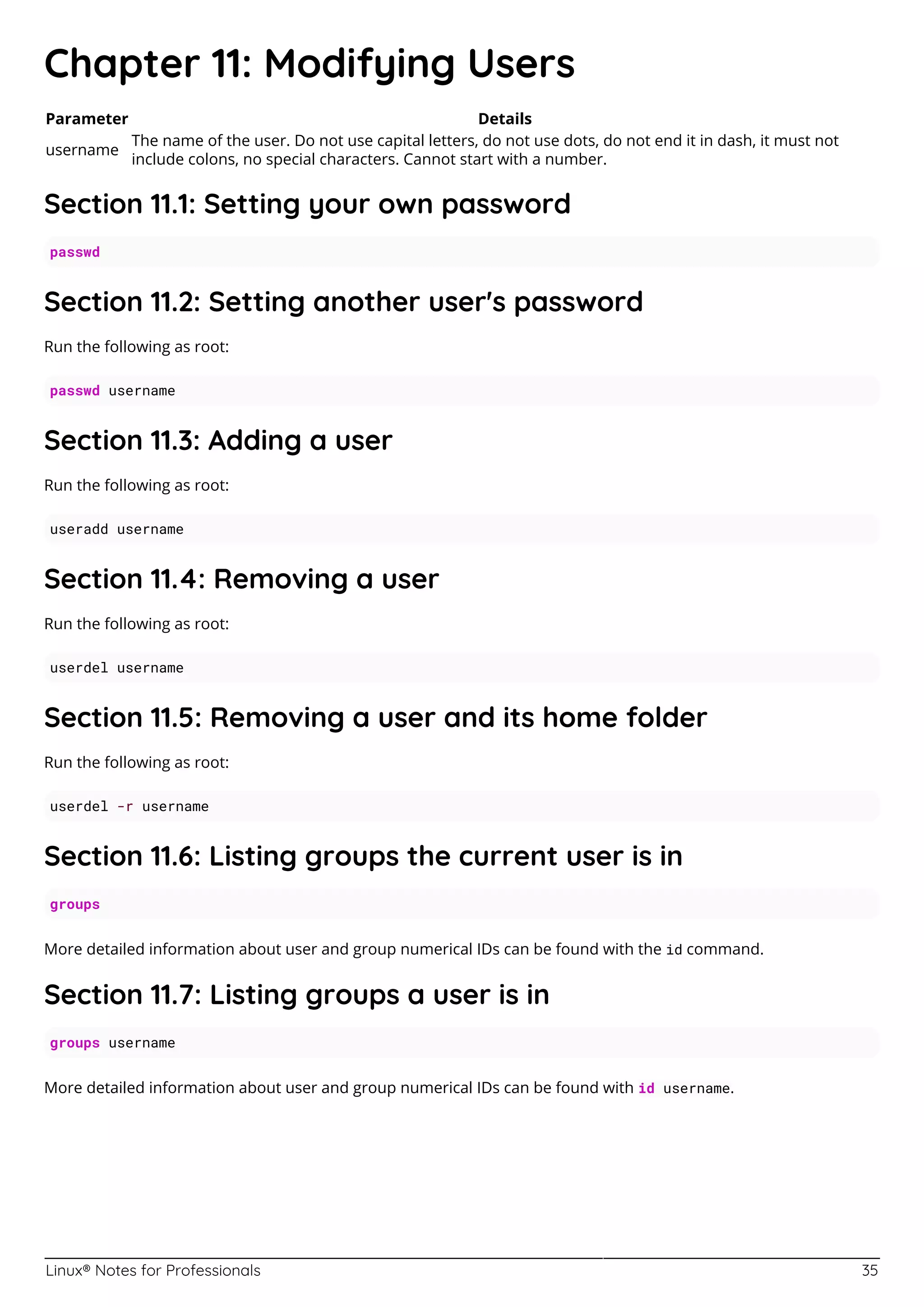Linux® Notes for Professionals 35
Chapter 11: Modifying Users
Parameter Details
username
The name of the user. Do not use capital letters, do not use dots, do not end it in dash, it must not
include colons, no special characters. Cannot start with a number.
Section 11.1: Setting your own password
passwd
Section 11.2: Setting another user's password
Run the following as root:
passwd username
Section 11.3: Adding a user
Run the following as root:
useradd username
Section 11.4: Removing a user
Run the following as root:
userdel username
Section 11.5: Removing a user and its home folder
Run the following as root:
userdel -r username
Section 11.6: Listing groups the current user is in
groups
More detailed information about user and group numerical IDs can be found with the id command.
Section 11.7: Listing groups a user is in
groups username
More detailed information about user and group numerical IDs can be found with id username.
 