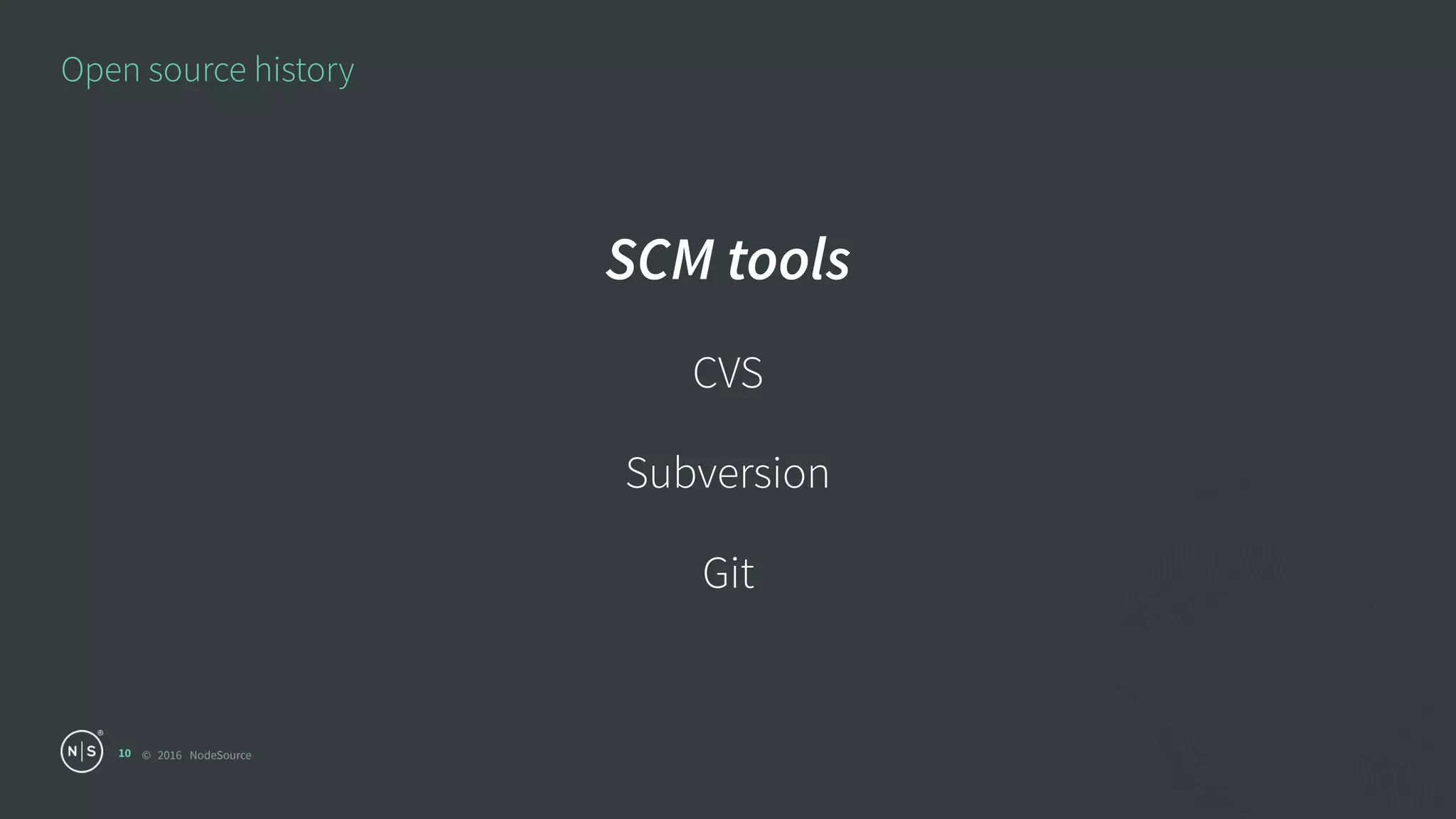 © 2016 NodeSource
Open source history
10
SCM tools
CVS
Subversion
Git
 