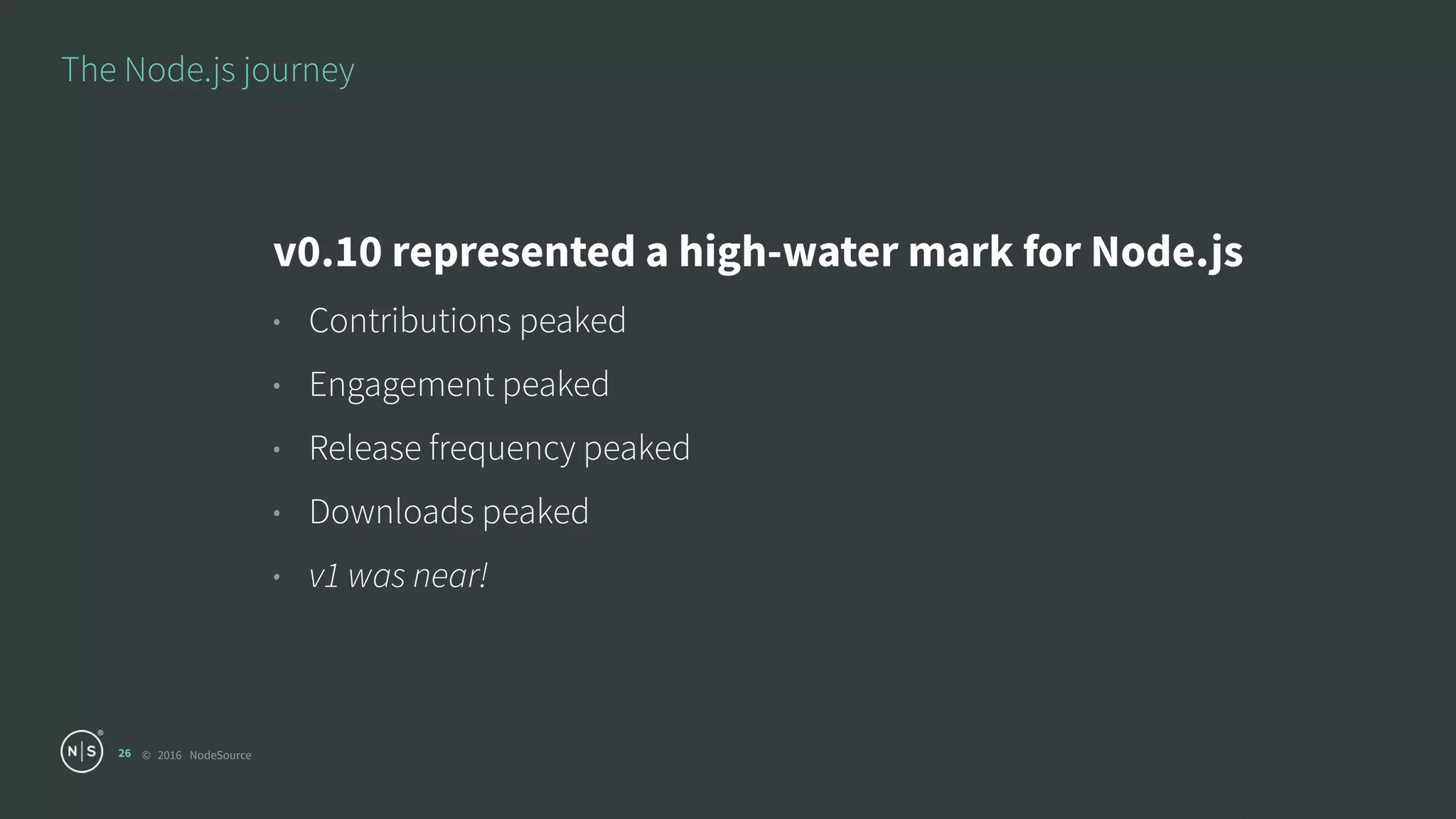 © 2016 NodeSource
The Node.js journey
26
v0.10 represented a high-water mark for Node.js
• Contributions peaked
• Engagement peaked
• Release frequency peaked
• Downloads peaked
• v1 was near!
 
