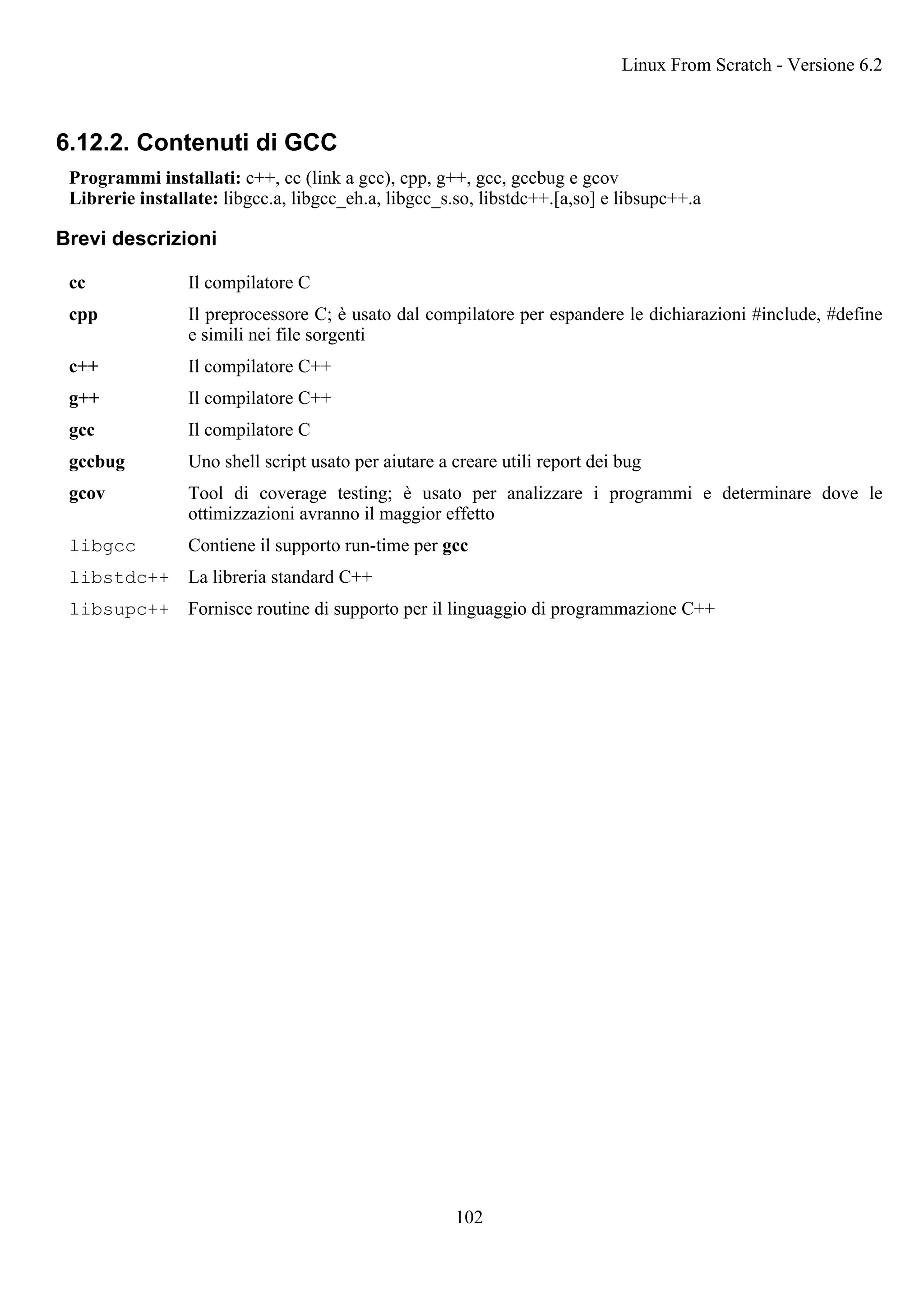 6.12.2. Contenuti di GCC
Programmi installati: c++, cc (link a gcc), cpp, g++, gcc, gccbug e gcov
Librerie installate: libgcc.a, libgcc_eh.a, libgcc_s.so, libstdc++.[a,so] e libsupc++.a
Brevi descrizioni
cc Il compilatore C
cpp Il preprocessore C; è usato dal compilatore per espandere le dichiarazioni #include, #define
e simili nei file sorgenti
c++ Il compilatore C++
g++ Il compilatore C++
gcc Il compilatore C
gccbug Uno shell script usato per aiutare a creare utili report dei bug
gcov Tool di coverage testing; è usato per analizzare i programmi e determinare dove le
ottimizzazioni avranno il maggior effetto
libgcc Contiene il supporto run-time per gcc
libstdc++ La libreria standard C++
libsupc++ Fornisce routine di supporto per il linguaggio di programmazione C++
Linux From Scratch - Versione 6.2
102
 