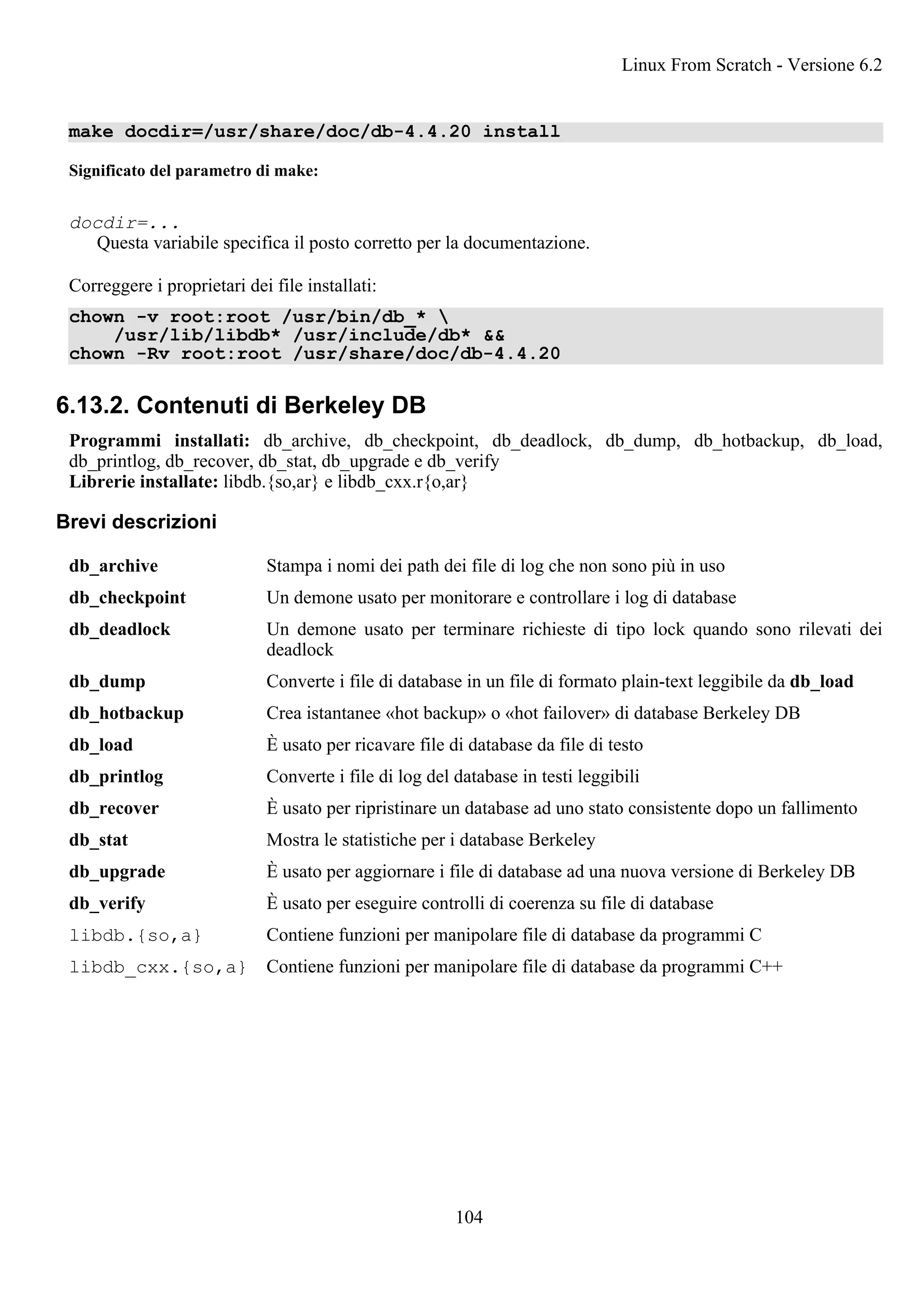 make docdir=/usr/share/doc/db-4.4.20 install
Significato del parametro di make:
docdir=...
Questa variabile specifica il posto corretto per la documentazione.
Correggere i proprietari dei file installati:
chown -v root:root /usr/bin/db_* 
/usr/lib/libdb* /usr/include/db* &&
chown -Rv root:root /usr/share/doc/db-4.4.20
6.13.2. Contenuti di Berkeley DB
Programmi installati: db_archive, db_checkpoint, db_deadlock, db_dump, db_hotbackup, db_load,
db_printlog, db_recover, db_stat, db_upgrade e db_verify
Librerie installate: libdb.{so,ar} e libdb_cxx.r{o,ar}
Brevi descrizioni
db_archive Stampa i nomi dei path dei file di log che non sono più in uso
db_checkpoint Un demone usato per monitorare e controllare i log di database
db_deadlock Un demone usato per terminare richieste di tipo lock quando sono rilevati dei
deadlock
db_dump Converte i file di database in un file di formato plain-text leggibile da db_load
db_hotbackup Crea istantanee «hot backup» o «hot failover» di database Berkeley DB
db_load È usato per ricavare file di database da file di testo
db_printlog Converte i file di log del database in testi leggibili
db_recover È usato per ripristinare un database ad uno stato consistente dopo un fallimento
db_stat Mostra le statistiche per i database Berkeley
db_upgrade È usato per aggiornare i file di database ad una nuova versione di Berkeley DB
db_verify È usato per eseguire controlli di coerenza su file di database
libdb.{so,a} Contiene funzioni per manipolare file di database da programmi C
libdb_cxx.{so,a} Contiene funzioni per manipolare file di database da programmi C++
Linux From Scratch - Versione 6.2
104
 