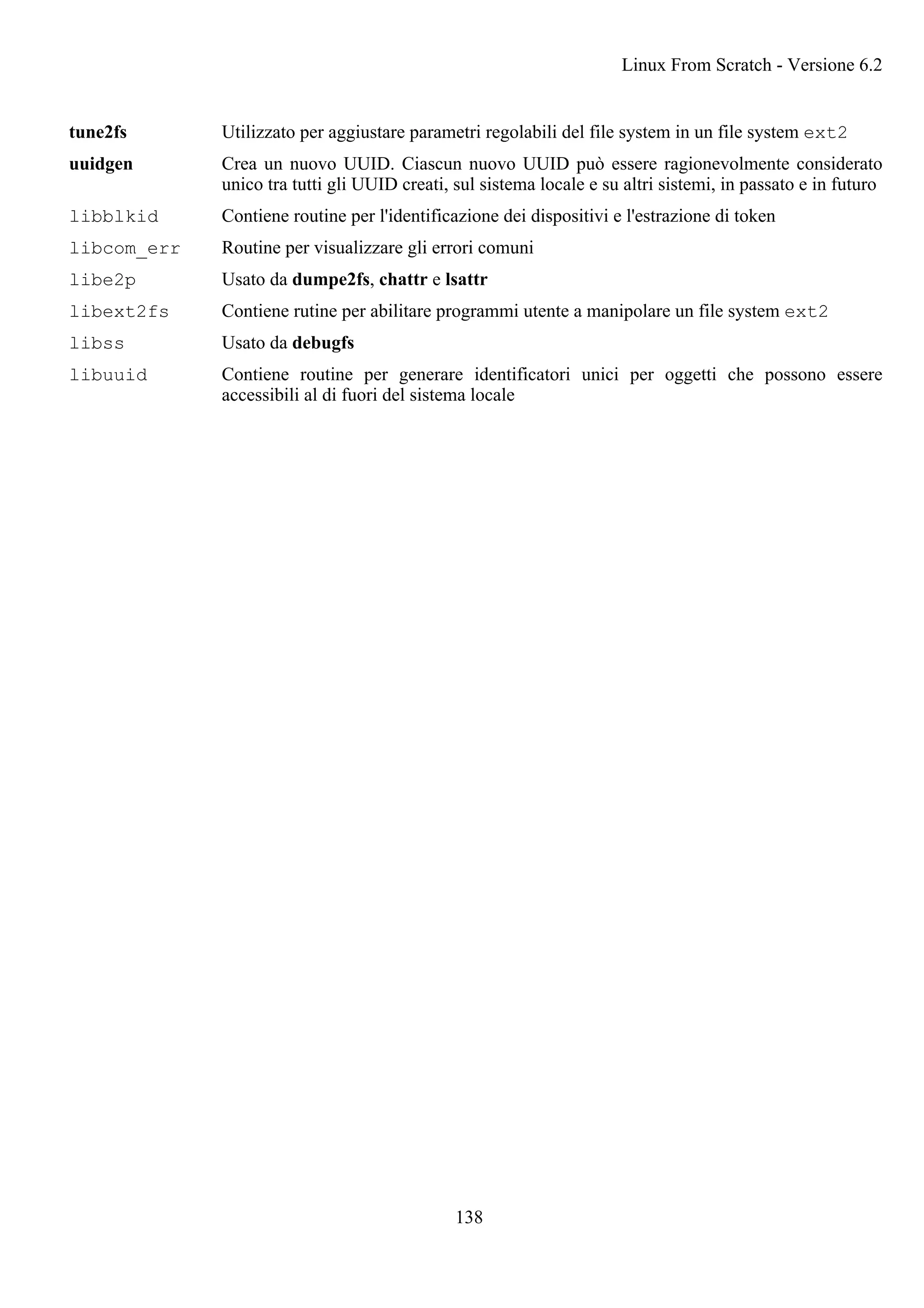 tune2fs Utilizzato per aggiustare parametri regolabili del file system in un file system ext2
uuidgen Crea un nuovo UUID. Ciascun nuovo UUID può essere ragionevolmente considerato
unico tra tutti gli UUID creati, sul sistema locale e su altri sistemi, in passato e in futuro
libblkid Contiene routine per l'identificazione dei dispositivi e l'estrazione di token
libcom_err Routine per visualizzare gli errori comuni
libe2p Usato da dumpe2fs, chattr e lsattr
libext2fs Contiene rutine per abilitare programmi utente a manipolare un file system ext2
libss Usato da debugfs
libuuid Contiene routine per generare identificatori unici per oggetti che possono essere
accessibili al di fuori del sistema locale
Linux From Scratch - Versione 6.2
138
 