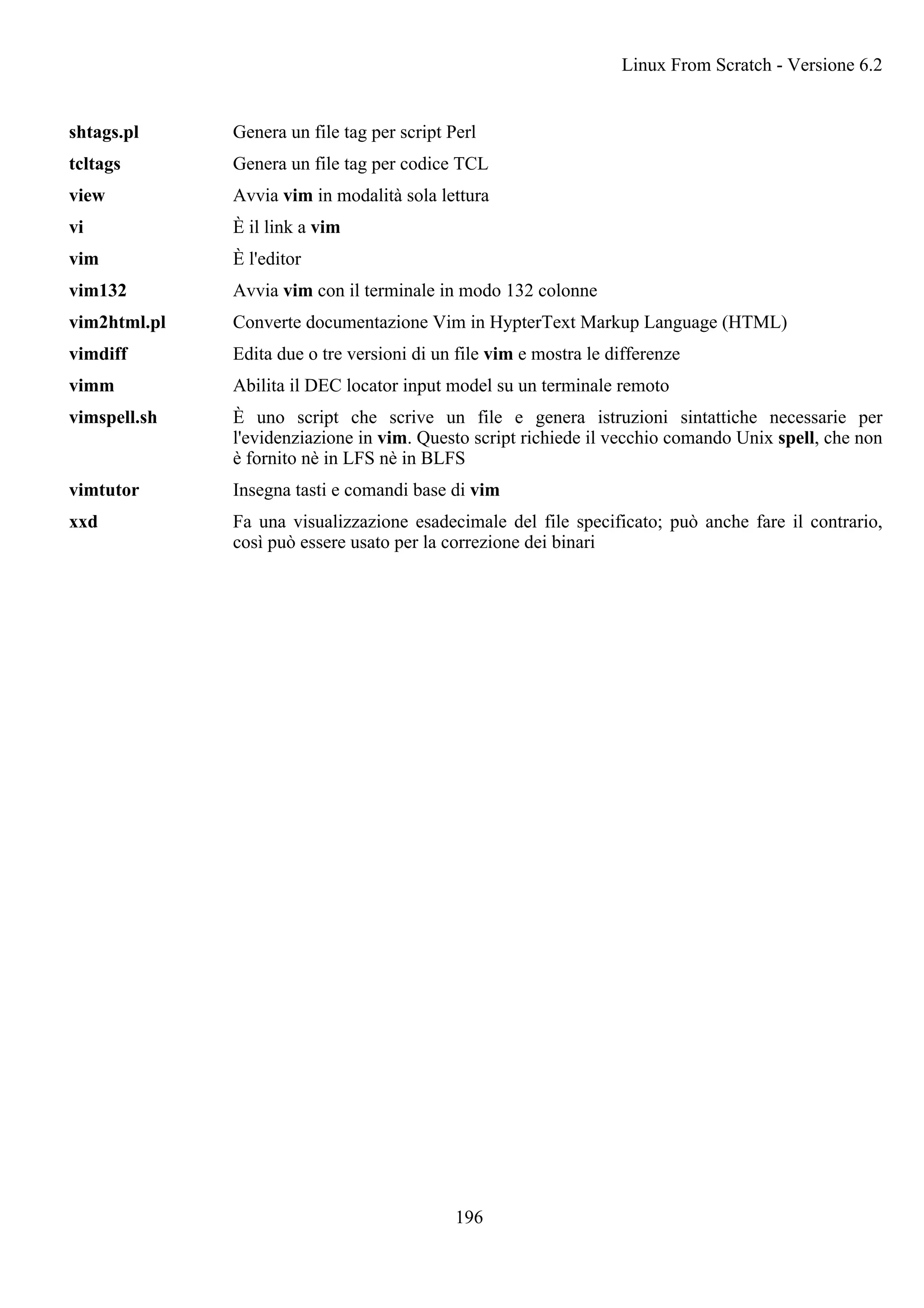 shtags.pl Genera un file tag per script Perl
tcltags Genera un file tag per codice TCL
view Avvia vim in modalità sola lettura
vi È il link a vim
vim È l'editor
vim132 Avvia vim con il terminale in modo 132 colonne
vim2html.pl Converte documentazione Vim in HypterText Markup Language (HTML)
vimdiff Edita due o tre versioni di un file vim e mostra le differenze
vimm Abilita il DEC locator input model su un terminale remoto
vimspell.sh È uno script che scrive un file e genera istruzioni sintattiche necessarie per
l'evidenziazione in vim. Questo script richiede il vecchio comando Unix spell, che non
è fornito nè in LFS nè in BLFS
vimtutor Insegna tasti e comandi base di vim
xxd Fa una visualizzazione esadecimale del file specificato; può anche fare il contrario,
così può essere usato per la correzione dei binari
Linux From Scratch - Versione 6.2
196
 