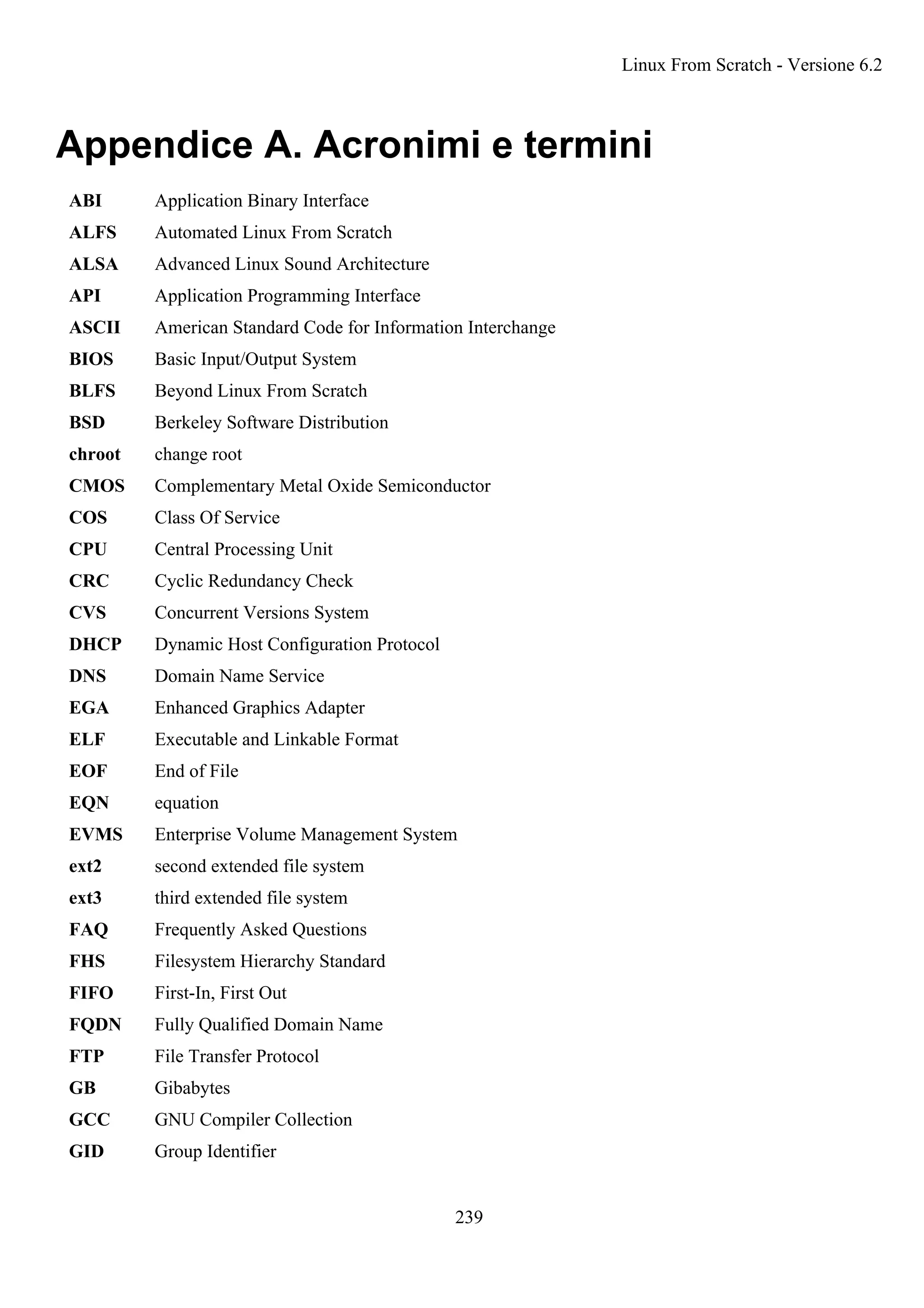 Appendice A. Acronimi e termini
ABI Application Binary Interface
ALFS Automated Linux From Scratch
ALSA Advanced Linux Sound Architecture
API Application Programming Interface
ASCII American Standard Code for Information Interchange
BIOS Basic Input/Output System
BLFS Beyond Linux From Scratch
BSD Berkeley Software Distribution
chroot change root
CMOS Complementary Metal Oxide Semiconductor
COS Class Of Service
CPU Central Processing Unit
CRC Cyclic Redundancy Check
CVS Concurrent Versions System
DHCP Dynamic Host Configuration Protocol
DNS Domain Name Service
EGA Enhanced Graphics Adapter
ELF Executable and Linkable Format
EOF End of File
EQN equation
EVMS Enterprise Volume Management System
ext2 second extended file system
ext3 third extended file system
FAQ Frequently Asked Questions
FHS Filesystem Hierarchy Standard
FIFO First-In, First Out
FQDN Fully Qualified Domain Name
FTP File Transfer Protocol
GB Gibabytes
GCC GNU Compiler Collection
GID Group Identifier
Linux From Scratch - Versione 6.2
239
 
