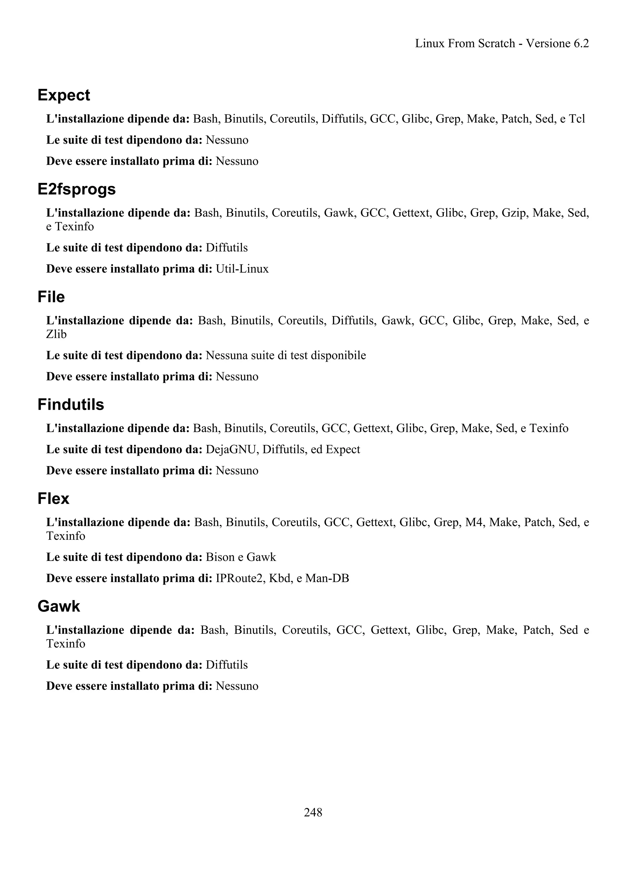 Expect
L'installazione dipende da: Bash, Binutils, Coreutils, Diffutils, GCC, Glibc, Grep, Make, Patch, Sed, e Tcl
Le suite di test dipendono da: Nessuno
Deve essere installato prima di: Nessuno
E2fsprogs
L'installazione dipende da: Bash, Binutils, Coreutils, Gawk, GCC, Gettext, Glibc, Grep, Gzip, Make, Sed,
e Texinfo
Le suite di test dipendono da: Diffutils
Deve essere installato prima di: Util-Linux
File
L'installazione dipende da: Bash, Binutils, Coreutils, Diffutils, Gawk, GCC, Glibc, Grep, Make, Sed, e
Zlib
Le suite di test dipendono da: Nessuna suite di test disponibile
Deve essere installato prima di: Nessuno
Findutils
L'installazione dipende da: Bash, Binutils, Coreutils, GCC, Gettext, Glibc, Grep, Make, Sed, e Texinfo
Le suite di test dipendono da: DejaGNU, Diffutils, ed Expect
Deve essere installato prima di: Nessuno
Flex
L'installazione dipende da: Bash, Binutils, Coreutils, GCC, Gettext, Glibc, Grep, M4, Make, Patch, Sed, e
Texinfo
Le suite di test dipendono da: Bison e Gawk
Deve essere installato prima di: IPRoute2, Kbd, e Man-DB
Gawk
L'installazione dipende da: Bash, Binutils, Coreutils, GCC, Gettext, Glibc, Grep, Make, Patch, Sed e
Texinfo
Le suite di test dipendono da: Diffutils
Deve essere installato prima di: Nessuno
Linux From Scratch - Versione 6.2
248
 