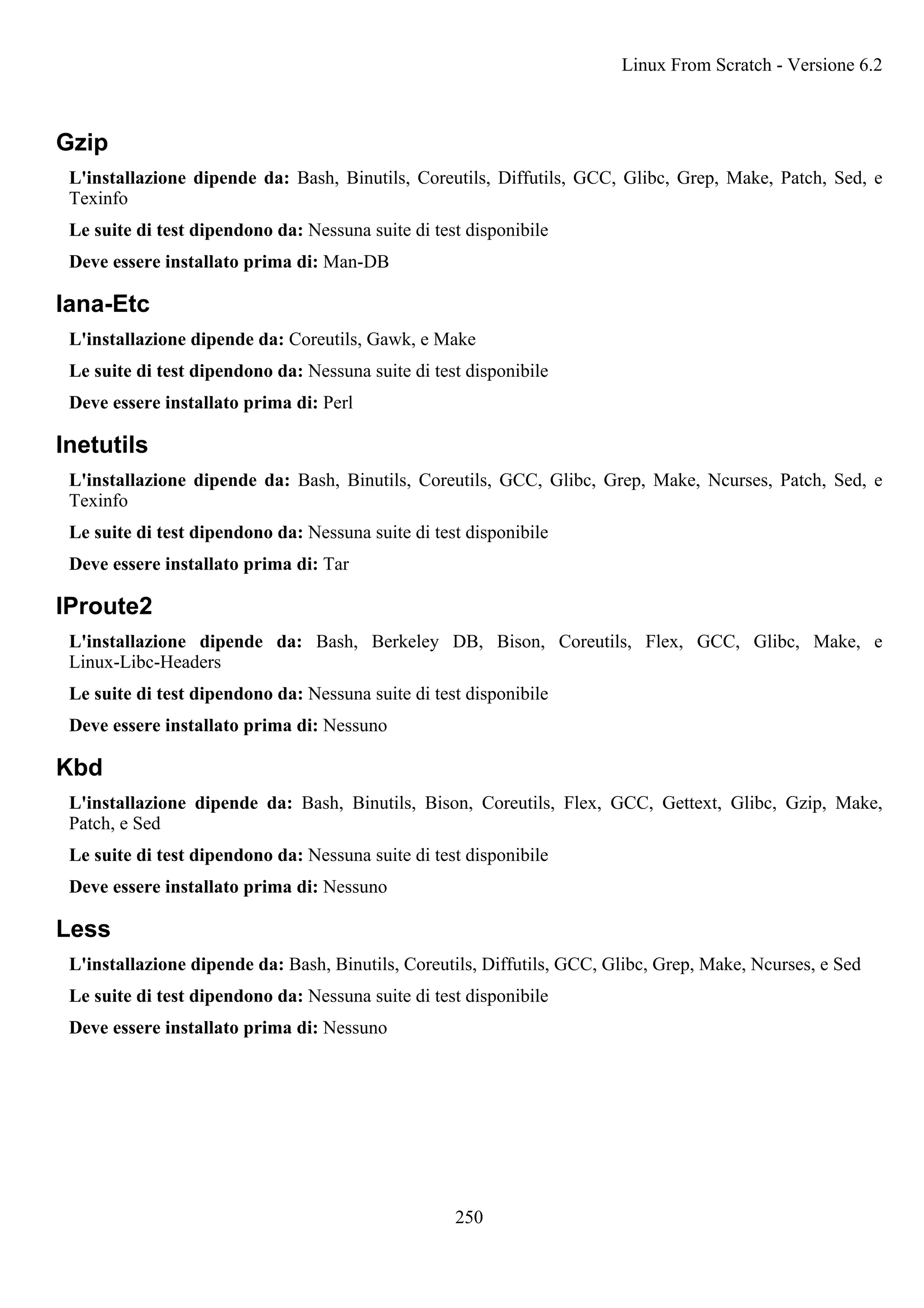Gzip
L'installazione dipende da: Bash, Binutils, Coreutils, Diffutils, GCC, Glibc, Grep, Make, Patch, Sed, e
Texinfo
Le suite di test dipendono da: Nessuna suite di test disponibile
Deve essere installato prima di: Man-DB
Iana-Etc
L'installazione dipende da: Coreutils, Gawk, e Make
Le suite di test dipendono da: Nessuna suite di test disponibile
Deve essere installato prima di: Perl
Inetutils
L'installazione dipende da: Bash, Binutils, Coreutils, GCC, Glibc, Grep, Make, Ncurses, Patch, Sed, e
Texinfo
Le suite di test dipendono da: Nessuna suite di test disponibile
Deve essere installato prima di: Tar
IProute2
L'installazione dipende da: Bash, Berkeley DB, Bison, Coreutils, Flex, GCC, Glibc, Make, e
Linux-Libc-Headers
Le suite di test dipendono da: Nessuna suite di test disponibile
Deve essere installato prima di: Nessuno
Kbd
L'installazione dipende da: Bash, Binutils, Bison, Coreutils, Flex, GCC, Gettext, Glibc, Gzip, Make,
Patch, e Sed
Le suite di test dipendono da: Nessuna suite di test disponibile
Deve essere installato prima di: Nessuno
Less
L'installazione dipende da: Bash, Binutils, Coreutils, Diffutils, GCC, Glibc, Grep, Make, Ncurses, e Sed
Le suite di test dipendono da: Nessuna suite di test disponibile
Deve essere installato prima di: Nessuno
Linux From Scratch - Versione 6.2
250
 