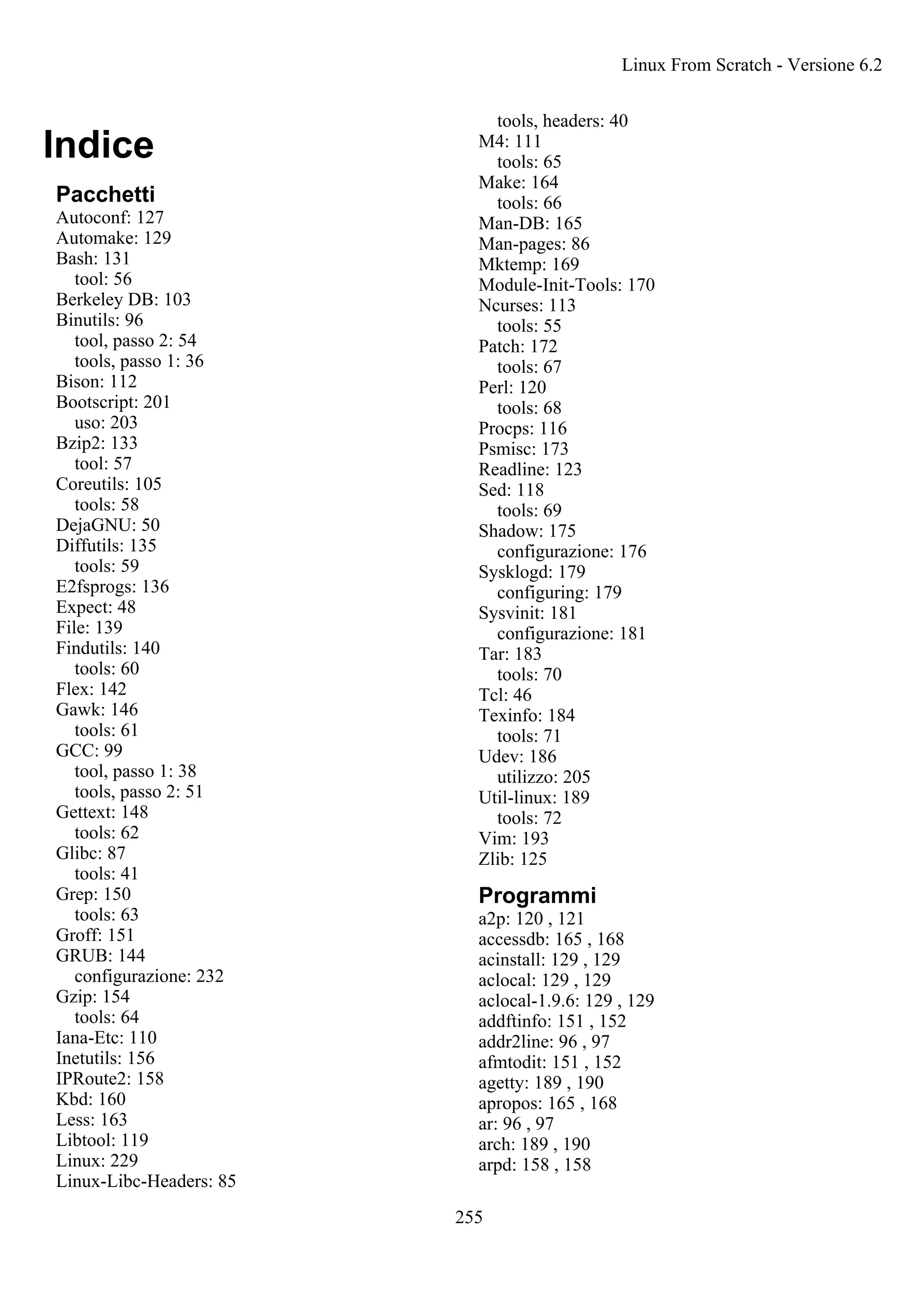Indice
Pacchetti
Autoconf: 127
Automake: 129
Bash: 131
tool: 56
Berkeley DB: 103
Binutils: 96
tool, passo 2: 54
tools, passo 1: 36
Bison: 112
Bootscript: 201
uso: 203
Bzip2: 133
tool: 57
Coreutils: 105
tools: 58
DejaGNU: 50
Diffutils: 135
tools: 59
E2fsprogs: 136
Expect: 48
File: 139
Findutils: 140
tools: 60
Flex: 142
Gawk: 146
tools: 61
GCC: 99
tool, passo 1: 38
tools, passo 2: 51
Gettext: 148
tools: 62
Glibc: 87
tools: 41
Grep: 150
tools: 63
Groff: 151
GRUB: 144
configurazione: 232
Gzip: 154
tools: 64
Iana-Etc: 110
Inetutils: 156
IPRoute2: 158
Kbd: 160
Less: 163
Libtool: 119
Linux: 229
Linux-Libc-Headers: 85
tools, headers: 40
M4: 111
tools: 65
Make: 164
tools: 66
Man-DB: 165
Man-pages: 86
Mktemp: 169
Module-Init-Tools: 170
Ncurses: 113
tools: 55
Patch: 172
tools: 67
Perl: 120
tools: 68
Procps: 116
Psmisc: 173
Readline: 123
Sed: 118
tools: 69
Shadow: 175
configurazione: 176
Sysklogd: 179
configuring: 179
Sysvinit: 181
configurazione: 181
Tar: 183
tools: 70
Tcl: 46
Texinfo: 184
tools: 71
Udev: 186
utilizzo: 205
Util-linux: 189
tools: 72
Vim: 193
Zlib: 125
Programmi
a2p: 120 , 121
accessdb: 165 , 168
acinstall: 129 , 129
aclocal: 129 , 129
aclocal-1.9.6: 129 , 129
addftinfo: 151 , 152
addr2line: 96 , 97
afmtodit: 151 , 152
agetty: 189 , 190
apropos: 165 , 168
ar: 96 , 97
arch: 189 , 190
arpd: 158 , 158
Linux From Scratch - Versione 6.2
255
 