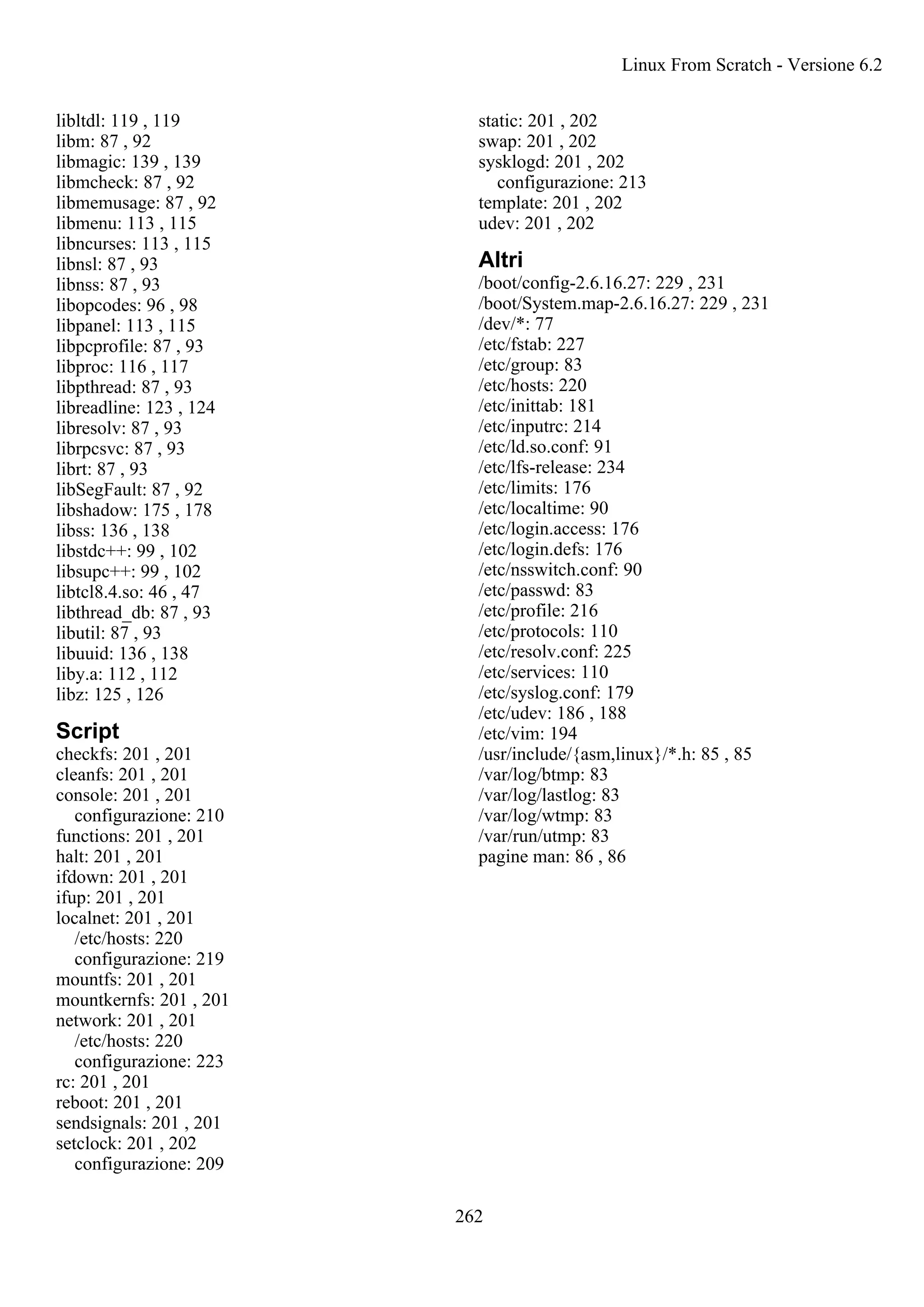 libltdl: 119 , 119
libm: 87 , 92
libmagic: 139 , 139
libmcheck: 87 , 92
libmemusage: 87 , 92
libmenu: 113 , 115
libncurses: 113 , 115
libnsl: 87 , 93
libnss: 87 , 93
libopcodes: 96 , 98
libpanel: 113 , 115
libpcprofile: 87 , 93
libproc: 116 , 117
libpthread: 87 , 93
libreadline: 123 , 124
libresolv: 87 , 93
librpcsvc: 87 , 93
librt: 87 , 93
libSegFault: 87 , 92
libshadow: 175 , 178
libss: 136 , 138
libstdc++: 99 , 102
libsupc++: 99 , 102
libtcl8.4.so: 46 , 47
libthread_db: 87 , 93
libutil: 87 , 93
libuuid: 136 , 138
liby.a: 112 , 112
libz: 125 , 126
Script
checkfs: 201 , 201
cleanfs: 201 , 201
console: 201 , 201
configurazione: 210
functions: 201 , 201
halt: 201 , 201
ifdown: 201 , 201
ifup: 201 , 201
localnet: 201 , 201
/etc/hosts: 220
configurazione: 219
mountfs: 201 , 201
mountkernfs: 201 , 201
network: 201 , 201
/etc/hosts: 220
configurazione: 223
rc: 201 , 201
reboot: 201 , 201
sendsignals: 201 , 201
setclock: 201 , 202
configurazione: 209
static: 201 , 202
swap: 201 , 202
sysklogd: 201 , 202
configurazione: 213
template: 201 , 202
udev: 201 , 202
Altri
/boot/config-2.6.16.27: 229 , 231
/boot/System.map-2.6.16.27: 229 , 231
/dev/*: 77
/etc/fstab: 227
/etc/group: 83
/etc/hosts: 220
/etc/inittab: 181
/etc/inputrc: 214
/etc/ld.so.conf: 91
/etc/lfs-release: 234
/etc/limits: 176
/etc/localtime: 90
/etc/login.access: 176
/etc/login.defs: 176
/etc/nsswitch.conf: 90
/etc/passwd: 83
/etc/profile: 216
/etc/protocols: 110
/etc/resolv.conf: 225
/etc/services: 110
/etc/syslog.conf: 179
/etc/udev: 186 , 188
/etc/vim: 194
/usr/include/{asm,linux}/*.h: 85 , 85
/var/log/btmp: 83
/var/log/lastlog: 83
/var/log/wtmp: 83
/var/run/utmp: 83
pagine man: 86 , 86
Linux From Scratch - Versione 6.2
262
 