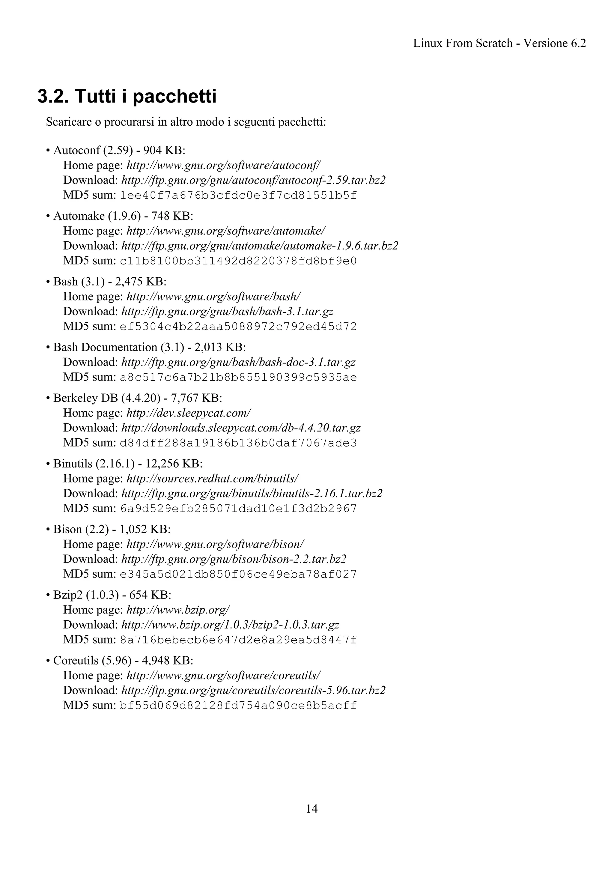 3.2. Tutti i pacchetti
Scaricare o procurarsi in altro modo i seguenti pacchetti:
• Autoconf (2.59) - 904 KB:
Home page: http://www.gnu.org/software/autoconf/
Download: http://ftp.gnu.org/gnu/autoconf/autoconf-2.59.tar.bz2
MD5 sum: 1ee40f7a676b3cfdc0e3f7cd81551b5f
• Automake (1.9.6) - 748 KB:
Home page: http://www.gnu.org/software/automake/
Download: http://ftp.gnu.org/gnu/automake/automake-1.9.6.tar.bz2
MD5 sum: c11b8100bb311492d8220378fd8bf9e0
• Bash (3.1) - 2,475 KB:
Home page: http://www.gnu.org/software/bash/
Download: http://ftp.gnu.org/gnu/bash/bash-3.1.tar.gz
MD5 sum: ef5304c4b22aaa5088972c792ed45d72
• Bash Documentation (3.1) - 2,013 KB:
Download: http://ftp.gnu.org/gnu/bash/bash-doc-3.1.tar.gz
MD5 sum: a8c517c6a7b21b8b855190399c5935ae
• Berkeley DB (4.4.20) - 7,767 KB:
Home page: http://dev.sleepycat.com/
Download: http://downloads.sleepycat.com/db-4.4.20.tar.gz
MD5 sum: d84dff288a19186b136b0daf7067ade3
• Binutils (2.16.1) - 12,256 KB:
Home page: http://sources.redhat.com/binutils/
Download: http://ftp.gnu.org/gnu/binutils/binutils-2.16.1.tar.bz2
MD5 sum: 6a9d529efb285071dad10e1f3d2b2967
• Bison (2.2) - 1,052 KB:
Home page: http://www.gnu.org/software/bison/
Download: http://ftp.gnu.org/gnu/bison/bison-2.2.tar.bz2
MD5 sum: e345a5d021db850f06ce49eba78af027
• Bzip2 (1.0.3) - 654 KB:
Home page: http://www.bzip.org/
Download: http://www.bzip.org/1.0.3/bzip2-1.0.3.tar.gz
MD5 sum: 8a716bebecb6e647d2e8a29ea5d8447f
• Coreutils (5.96) - 4,948 KB:
Home page: http://www.gnu.org/software/coreutils/
Download: http://ftp.gnu.org/gnu/coreutils/coreutils-5.96.tar.bz2
MD5 sum: bf55d069d82128fd754a090ce8b5acff
Linux From Scratch - Versione 6.2
14
 