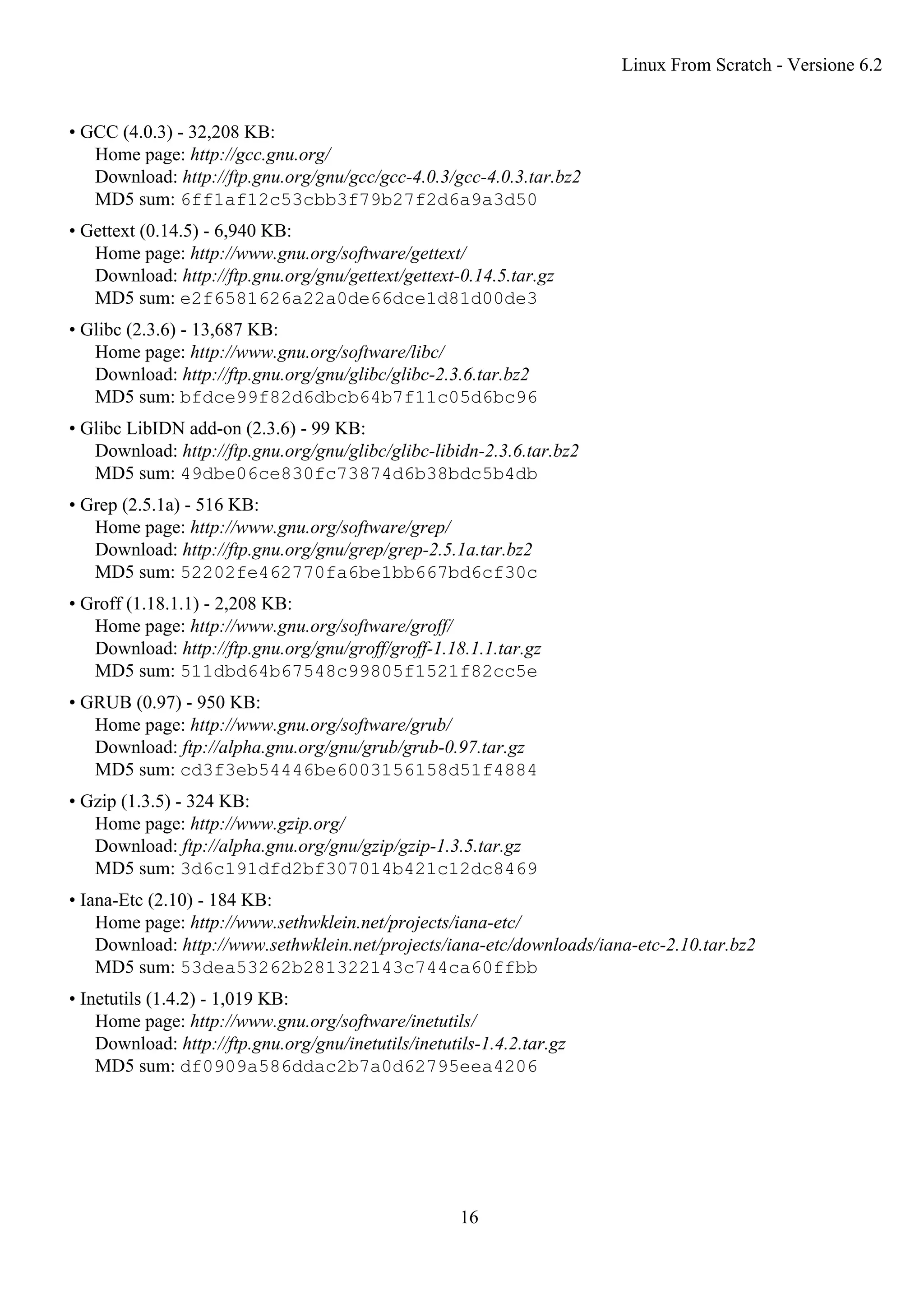 • GCC (4.0.3) - 32,208 KB:
Home page: http://gcc.gnu.org/
Download: http://ftp.gnu.org/gnu/gcc/gcc-4.0.3/gcc-4.0.3.tar.bz2
MD5 sum: 6ff1af12c53cbb3f79b27f2d6a9a3d50
• Gettext (0.14.5) - 6,940 KB:
Home page: http://www.gnu.org/software/gettext/
Download: http://ftp.gnu.org/gnu/gettext/gettext-0.14.5.tar.gz
MD5 sum: e2f6581626a22a0de66dce1d81d00de3
• Glibc (2.3.6) - 13,687 KB:
Home page: http://www.gnu.org/software/libc/
Download: http://ftp.gnu.org/gnu/glibc/glibc-2.3.6.tar.bz2
MD5 sum: bfdce99f82d6dbcb64b7f11c05d6bc96
• Glibc LibIDN add-on (2.3.6) - 99 KB:
Download: http://ftp.gnu.org/gnu/glibc/glibc-libidn-2.3.6.tar.bz2
MD5 sum: 49dbe06ce830fc73874d6b38bdc5b4db
• Grep (2.5.1a) - 516 KB:
Home page: http://www.gnu.org/software/grep/
Download: http://ftp.gnu.org/gnu/grep/grep-2.5.1a.tar.bz2
MD5 sum: 52202fe462770fa6be1bb667bd6cf30c
• Groff (1.18.1.1) - 2,208 KB:
Home page: http://www.gnu.org/software/groff/
Download: http://ftp.gnu.org/gnu/groff/groff-1.18.1.1.tar.gz
MD5 sum: 511dbd64b67548c99805f1521f82cc5e
• GRUB (0.97) - 950 KB:
Home page: http://www.gnu.org/software/grub/
Download: ftp://alpha.gnu.org/gnu/grub/grub-0.97.tar.gz
MD5 sum: cd3f3eb54446be6003156158d51f4884
• Gzip (1.3.5) - 324 KB:
Home page: http://www.gzip.org/
Download: ftp://alpha.gnu.org/gnu/gzip/gzip-1.3.5.tar.gz
MD5 sum: 3d6c191dfd2bf307014b421c12dc8469
• Iana-Etc (2.10) - 184 KB:
Home page: http://www.sethwklein.net/projects/iana-etc/
Download: http://www.sethwklein.net/projects/iana-etc/downloads/iana-etc-2.10.tar.bz2
MD5 sum: 53dea53262b281322143c744ca60ffbb
• Inetutils (1.4.2) - 1,019 KB:
Home page: http://www.gnu.org/software/inetutils/
Download: http://ftp.gnu.org/gnu/inetutils/inetutils-1.4.2.tar.gz
MD5 sum: df0909a586ddac2b7a0d62795eea4206
Linux From Scratch - Versione 6.2
16
 