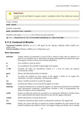 Importante
La suite di test per Binutils in questa sezione è considerata critica. Non saltarla per nessuna
ragione.
Testare i risultati:
make check
Installare il pacchetto:
make tooldir=/usr install
Installare il file header libiberty che è richiesto da alcuni pacchetti:
cp -v ../binutils-2.16.1/include/libiberty.h /usr/include
6.11.2. Contenuti di Binutils
Programmi installati: addr2line, ar, as, c++filt, gprof, ld, nm, objcopy, objdump, ranlib, readelf, size,
strings e strip
Librerie installate: libiberty.a, libbfd.{a,so} e libopcodes.{a,so}
Brevi descrizioni
addr2line Traduce indirizzi di programmi in nomi di file e numeri di linea; dato un indirizzo e il
nome di un eseguibile, usa le informazioni di debug nell'eseguibile per determinare quale
file sorgente e numero di linea siano associati all'indirizzo
ar Crea, modifica e estrae da archivi
as Un assemblatore che assembla l'output di gcc in file oggetto
c++filt Utilizzato dal linker per decodificare simboli C++ e Java ed evitare che funzioni
sovraccaricate crollino
gprof Mostra i dati del profilo grafico di chiamata
ld Un linker che combina un certo numero di file oggetto e archivi in un singolo file,
riallocando i loro dati e collegando i riferimenti dei simboli
nm Elenca i simboli occorrenti in un dato file oggetto
objcopy Utilizzato per tradurre un certo tipo di file oggetto in un altro
objdump Visualizza informazioni su un dato file oggetto, con opzioni che permettono di controllare
quali informazioni evidenziare; l'informazione mostrata è utile ai programmatori che
stanno lavorando ai tool di compilazione
ranlib Genera un indice dei contenui di un archivio e lo memorizza nell'archivio; l'indice elenca
tutti i simboli definiti dai membri dell'archivio che sono file oggetto riallocabili
readelf Mostra informazioni sui binari di tipo ELF
size Visualizza le dimensioni delle sezioni e la dimensione totale per i file oggetto dati
strings Emette, per ciascun file dato, la sequenza di caratteri stampabili che siano almeno di una
specifica lunghezza (per default è 4); per i file oggetto stampa, per default, solo le stringhe
Linux From Scratch - Versione 6.2
97
 