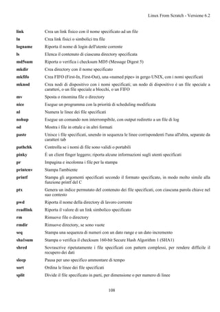 link Crea un link fisico con il nome specificato ad un file
ln Crea link fisici o simbolici tra file
logname Riporta il nome di login dell'utente corrente
ls Elenca il contenuto di ciascuna directory specificata
md5sum Riporta o verifica i checksum MD5 (Message Digest 5)
mkdir Crea directory con il nome specificato
mkfifo Crea FIFO (First-In, First-Out), una «named pipe» in gergo UNIX, con i nomi specificati
mknod Crea nodi di dispositivo con i nomi specificati; un nodo di dispositivo è un file speciale a
caratteri, o un file speciale a blocchi, o un FIFO
mv Sposta o rinomina file o directory
nice Esegue un programma con la priorità di scheduling modificata
nl Numera le linee dei file specificati
nohup Esegue un comando non interrompibile, con output rediretto a un file di log
od Mostra i file in ottale e in altri formati
paste Unisce i file specificati, unendo in sequenza le linee corrispondenti l'una all'altra, separate da
caratteri tab
pathchk Controlla se i nomi di file sono validi o portabili
pinky È un client finger leggero; riporta alcune informazioni sugli utenti specificati
pr Impagina e incolonna i file per la stampa
printenv Stampa l'ambiente
printf Stampa gli argomenti specificati secondo il formato specificato, in modo molto simile alla
funzione printf del C
ptx Genera un indice permutato del contenuto dei file specificati, con ciascuna parola chiave nel
suo contesto
pwd Riporta il nome della directory di lavoro corrente
readlink Riporta il valore di un link simbolico specificato
rm Rimuove file o directory
rmdir Rimuove directory, se sono vuote
seq Stampa una sequenza di numeri con un dato range e un dato incremento
sha1sum Stampa o verifica il checksum 160-bit Secure Hash Algorithm 1 (SHA1)
shred Sovrascrive ripetutamente i file specificati con pattern complessi, per rendere difficile il
recupero dei dati
sleep Pausa per uno specifico ammontare di tempo
sort Ordina le linee dei file specificati
split Divide il file specificato in parti, per dimensione o per numero di linee
Linux From Scratch - Versione 6.2
108
 