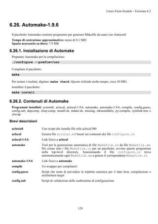 6.26. Automake-1.9.6
Il pacchetto Automake contiene programmi per generare Makefile da usare con Autoconf.
Tempo di costruzione approssimativo: meno di 0.1 SBU
Spazio necessario su disco: 7.9 MB
6.26.1. Installazione di Automake
Preparare Automake per la compilazione:
./configure --prefix=/usr
Compilare il pacchetto:
make
Per testare i risultati, digitare: make check. Questo richiede molto tempo, circa 10 SBU.
Installare il pacchetto:
make install
6.26.2. Contenuti di Automake
Programmi installati: acinstall, aclocal, aclocal-1.9.6, automake, automake-1.9.6, compile, config.guess,
config.sub, depcomp, elisp-comp, install-sh, mdate-sh, missing, mkinstalldirs, py-compile, symlink-tree e
ylwrap
Brevi descrizioni
acinstall Uno script che installa file stile aclocal M4
aclocal Genera file aclocal.m4 basati sui contenuti dei file configure.in
aclocal-1.9.6 Link fisico a aclocal
automake Tool per la generazione automatica di file Makefile.in da file Makefile.am.
Per creare tutti i file Makefile.in per un pacchetto, avviare questo programma
nella top-level directory. Scansionando il file configure.in trova
automaticamente ogni Makefile.am e genera il corrispondente Makefile.in
automake-1.9.6 Link fisico a automake
compile Un wrapper per compilatori
config.guess Script che tenta di prevedere la tripletta canonica per il dato host, compilazione o
architettura target
config.sub Script di validazione delle soubroutine di configurazione
Linux From Scratch - Versione 6.2
129
 