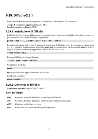 6.29. Diffutils-2.8.1
Il pacchetto Diffutils contiene programmi che mostrano le differenze tra file o directory.
Tempo di costruzione approssimativo: 0.1 SBU
Spazio necessario su disco: 6.3 MB
6.29.1. Installazione di Diffutils
POSIX richiede il comando diff per gestire i caratteri di spazio bianco secondo la localizzazione corrente. La
patch seguente fissa i problemi di non compilazione:
patch -Np1 -i ../diffutils-2.8.1-i18n-1.patch
La patch precedente farà sì che il sistema di costruzione di Diffutils provi a ricostruire la pagina man
diff.1 usando il programma non disponibile help2man. Il risultato è una pagina man che diff non riesce a
leggere. Ciò può essere evitato aggiornando l'orario del file man/diff.1:
touch man/diff.1
Preparare Diffutils per la compilazione:
./configure --prefix=/usr
Compilare il pacchetto:
make
Questo pacchetto non è provvisto di una suite di test.
Installare il pacchetto:
make install
6.29.2. Contenuti di Diffutils
Programmi installati: cmp, diff, diff3 e sdiff
Brevi descrizioni
cmp Confronta due file e riporta se o in quali byte differiscono
diff Confronta due file o directory e riporta in quali linee i file differiscono
diff3 Confronta tre file linea per linea
sdiff Unisce due file e interattivamente mostra i risultati
Linux From Scratch - Versione 6.2
135
 
