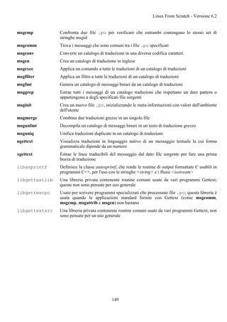 msgcmp Confronta due file .po per verificare che entrambi contengano lo stesso set di
stringhe msgid
msgcomm Trova i messaggi che sono comuni tra i file .po specificati
msgconv Converte un catalogo di traduzione in una diversa codifica caratteri
msgen Crea un catalogo di traduzione in inglese
msgexec Applica un comando a tutte le traduzioni di un catalogo di traduzioni
msgfilter Applica un filtro a tutte le traduzioni di un catalogo di traduzioni
msgfmt Genera un catalogo di messaggi binari da un catalogo di traduzioni
msggrep Estrae tutti i messaggi di un catalogo traduzioni che rispettano un dato pattern o
appartengono a degli specificati file sorgenti
msginit Crea un nuovo file .po, inizializzando le meta-informazioni con valori dall'ambiente
dell'utente
msgmerge Combina due traduzioni grezze in un singolo file
msgunfmt Decompila un catalogo di messaggi binari in un testo di traduzione grezzo
msguniq Unifica traduzioni duplicate in un catalogo di traduzioni
ngettext Visualizza traduzioni in linguaggio nativo di un messaggio testuale la cui forma
grammaticale dipende da un numero
xgettext Estrae le linee traducibili del messaggio dal dato file sorgente per fare una prima
bozza di traduzione
libasprintf Definisce la classe autosprintf, che rende le routine di output formattate C usabili in
programmi C++, per l'uso con le stringhe <string> e i flussi <iostream>
libgettextlib Una libreria privata contenente routine comuni usate da vari programmi Gettext;
queste non sono pensate per uso generale
libgettextpo Usato per scrivere programmi specializzati che processano file .po; questa libreria è
usata quando le applicazioni standard fornite con Gettext (come msgcomm,
msgcmp, msgattrib e msgen) non bastano
libgettextsrc Una libreria privata contenente routine comuni usate da vari programmi Gettext; non
sono pensate per un uso generale
Linux From Scratch - Versione 6.2
149
 