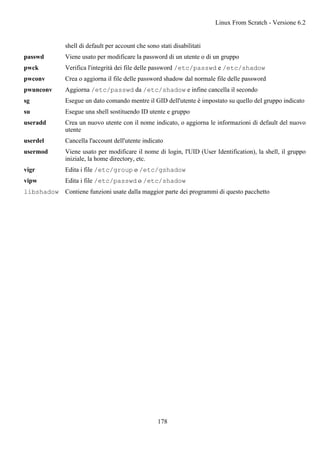 shell di default per account che sono stati disabilitati
passwd Viene usato per modificare la password di un utente o di un gruppo
pwck Verifica l'integrità dei file delle password /etc/passwd e /etc/shadow
pwconv Crea o aggiorna il file delle password shadow dal normale file delle password
pwunconv Aggiorna /etc/passwd da /etc/shadow e infine cancella il secondo
sg Esegue un dato comando mentre il GID dell'utente è impostato su quello del gruppo indicato
su Esegue una shell sostituendo ID utente e gruppo
useradd Crea un nuovo utente con il nome indicato, o aggiorna le informazioni di default del nuovo
utente
userdel Cancella l'account dell'utente indicato
usermod Viene usato per modificare il nome di login, l'UID (User Identification), la shell, il gruppo
iniziale, la home directory, etc.
vigr Edita i file /etc/group o /etc/gshadow
vipw Edita i file /etc/passwd o /etc/shadow
libshadow Contiene funzioni usate dalla maggior parte dei programmi di questo pacchetto
Linux From Scratch - Versione 6.2
178
 