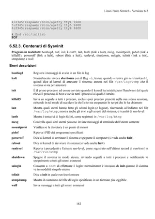 4:2345:respawn:/sbin/agetty tty4 9600
5:2345:respawn:/sbin/agetty tty5 9600
6:2345:respawn:/sbin/agetty tty6 9600
# End /etc/inittab
EOF
6.52.3. Contenuti di Sysvinit
Programmi installati: bootlogd, halt, init, killall5, last, lastb (link a last), mesg, mountpoint, pidof (link a
killall5), poweroff (link a halt), reboot (link a halt), runlevel, shutdown, sulogin, telinit (link a init),
utmpdump e wall
Brevi descrizioni
bootlogd Registra i messaggi di avvio in un file di log
halt Normalmente invoca shutdown con il flag -h, tranne quando si trova già nel run-level 0,
quindi dice al kernel di arrestare il sistema; annota nel file /var/log/wtmp che il
sistema si sta per arrestare
init È il primo processo ad essere avviato quando il kernel ha inizializzato l'hardware dal quale
rileva il processo di boot e avvia tutti i processi ai quali è istruito
killall5 Invia un segnale a tutti i processi, esclusi quei processi presenti nella sua stessa sessione,
evitando in tal modo di uccidere la shell che sta eseguendo lo script che lo ha chiamato
last Mostra quali utenti hanno fatto gli ultimi login (e logout), ricercando all'indietro nel file
/var/log/wtmp; mostra anche gli avvi e gli arresti del sistema, e i cambi di run-level
lastb Mostra i tentativi di login falliti, come registrati in /var/log/btmp
mesg Controlla quali altri utenti possono inviare messaggi al terminale dell'utente corrente
mountpoint Verifica se la directory è un punto di mount
pidof Riporta i PID dei programmi specificati
poweroff Dice al kernel di arrestare il sistema e spegnere il computer (si veda anche halt)
reboot Dice al kernel di riavviare il sistema (si veda anche halt)
runlevel Riporta i precedenti e l'attuale run-level, come registrato nell'ultimo record di run-level in
/var/run/utmp
shutdown Spegne il sistema in modo sicuro, inviando segnali a tutti i processi e notificando lo
spegnimento a tutti gli utenti connessi
sulogin Consente a root di effettuare il login; normalmente è invocato da init quando il sistema
va in modalità singolo utente
telinit Dice a init in quale run-level entrare
utmpdump Mostra il contenuto del file di login specificato in un formato più leggibile
wall Invia messaggi a tutti gli utenti connessi
Linux From Scratch - Versione 6.2
182
 