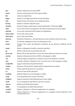 ipcs Fornisce informazioni di stato sull'IPC
isosize Fornisce la dimensione di un file system iso9660
line Copia una singola linea
logger Inserisce il messaggio specificato nel log del sistema
look Mostra le linee che iniziano con la stringa specificata
losetup Imposta e controlla i dispositivi loop
mcookie Genera dei magic cookie (numeri casuali esadecimali a 128 bit) per xauth
mkfs Crea un file system in un dispositivo (di solito una partizione di un disco rigido)
mkfs.bfs Crea un file system bfs di SCO (Santa Cruz Operations)
mkfs.cramfs Crea un file system cramfs
mkfs.minix Crea un file system Minix
mkswap Inizializza il dispositivo o file specificato per essere utilizzato come area di swap
more Un filtro per impaginare il testo una schermata per volta
mount Collega il file system del dispositivo specificato ad una directory nell'albero del file
system
namei Mostra i collegamenti simbolici nei percosi specificati
pg Mostra un file di testo una schermata alla volta
pivot_root Rende il file system specificato il nuovo file system radice per il processo corrente
ramsize Imposta la dimensione del disco RAM in un'immagine avviabile
raw Usato per legare un dispositivo a caratteri di Linux ad un dispositivo a blocchi
rdev Consulta e definisce il dispositivo root, tra le altre cose, in una immagine avviabile
readprofile Legge le informazioni di profilo del kernel
rename Rinomina i file specificati, rimpiazzando la stringa fornita con un'altra
renice Altera la priorità dei processi in esecuzione
rev Inverte le linee del file specificato
rootflags Imposta il flag di root in un'immagine avviabile
script Fa un typescript di una sessione a terminale
setfdprm Imposta i parametri forniti dall'utente per un disco floppy
setsid Avvia il programma specificato in una nuova sessione
setterm Definisce gli attributi del terminale
sfdisk Un manipolatore di tabelle delle partizioni
swapoff Disattiva i dispositivi e i file per la paginazione e lo swapping
swapon Abilita i dispositivi e i file per la paginazione e lo swapping ed elenca dispositivi e file
correntemente in uso
Linux From Scratch - Versione 6.2
191
 