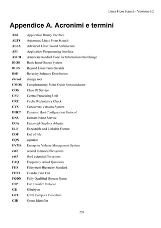 Appendice A. Acronimi e termini
ABI Application Binary Interface
ALFS Automated Linux From Scratch
ALSA Advanced Linux Sound Architecture
API Application Programming Interface
ASCII American Standard Code for Information Interchange
BIOS Basic Input/Output System
BLFS Beyond Linux From Scratch
BSD Berkeley Software Distribution
chroot change root
CMOS Complementary Metal Oxide Semiconductor
COS Class Of Service
CPU Central Processing Unit
CRC Cyclic Redundancy Check
CVS Concurrent Versions System
DHCP Dynamic Host Configuration Protocol
DNS Domain Name Service
EGA Enhanced Graphics Adapter
ELF Executable and Linkable Format
EOF End of File
EQN equation
EVMS Enterprise Volume Management System
ext2 second extended file system
ext3 third extended file system
FAQ Frequently Asked Questions
FHS Filesystem Hierarchy Standard
FIFO First-In, First Out
FQDN Fully Qualified Domain Name
FTP File Transfer Protocol
GB Gibabytes
GCC GNU Compiler Collection
GID Group Identifier
Linux From Scratch - Versione 6.2
239
 