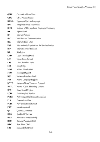 GMT Greenwich Mean Time
GPG GNU Privacy Guard
HTML Hypertext Markup Language
IDE Integrated Drive Electronics
IEEE Institute of Electrical and Electronic Engineers
IO Input/Output
IP Internet Protocol
IPC Inter-Process Communication
IRC Internet Relay Chat
ISO International Organization for Standardization
ISP Internet Service Provider
KB Kilobytes
LED Light Emitting Diode
LFS Linux From Scratch
LSB Linux Standard Base
MB Megabytes
MBR Master Boot Record
MD5 Message Digest 5
NIC Network Interface Card
NLS Native Language Support
NNTP Network News Transport Protocol
NPTL Native POSIX Threading Library
OSS Open Sound System
PCH Pre-Compiled Headers
PCRE Perl Compatible Regular Expression
PID Process Identifier
PLFS Pure Linux From Scratch
PTY pseudo terminal
QA Quality Assurance
QOS Quality Of Service
RAM Random Access Memory
RPC Remote Procedure Call
RTC Real Time Clock
SBU Standard Build Unit
Linux From Scratch - Versione 6.2
240
 
