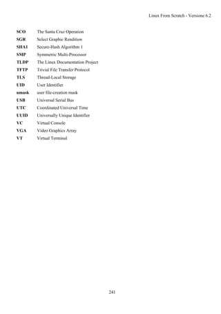 SCO The Santa Cruz Operation
SGR Select Graphic Rendition
SHA1 Secure-Hash Algorithm 1
SMP Symmetric Multi-Processor
TLDP The Linux Documentation Project
TFTP Trivial File Transfer Protocol
TLS Thread-Local Storage
UID User Identifier
umask user file-creation mask
USB Universal Serial Bus
UTC Coordinated Universal Time
UUID Universally Unique Identifier
VC Virtual Console
VGA Video Graphics Array
VT Virtual Terminal
Linux From Scratch - Versione 6.2
241
 