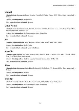 Libtool
L'installazione dipende da: Bash, Binutils, Coreutils, Diffutils, Gawk, GCC, Glibc, Grep, Make, Sed, e
Texinfo
Le suite di test dipendono da: Findutils
Deve essere installato prima di: Nessuno
Linux Kernel
L'installazione dipende da: Bash, Binutils, Coreutils, Diffutils, Findutils, GCC, Glibc, Grep, Gzip, Make,
Module-Init-Tools, Ncurses, e Sed
Le suite di test dipendono da: Nessuna suite di test disponibile
Deve essere installato prima di: Nessuno
M4
L'installazione dipende da: Bash, Binutils, Coreutils, GCC, Glibc, Grep, Make, e Sed
Le suite di test dipendono da: Diffutils
Deve essere installato prima di: Autoconf e Bison
Man-DB
L'installazione dipende da: Bash, Berkeley DB, Binutils, Bzip2, Coreutils, Flex, GCC, Gettext, Glibc,
Grep, Groff, Gzip, Less, Make, e Sed
Le suite di test dipendono da: Non eseguita. Richiede la suite di test di Man-DB
Deve essere installato prima di: Nessuno
Make
L'installazione dipende da: Bash, Binutils, Coreutils, Diffutils, GCC, Gettext, Glibc, Grep, Make, Sed, e
Texinfo
Le suite di test dipendono da: Perl
Deve essere installato prima di: Nessuno
Mktemp
L'installazione dipende da: Bash, Binutils, Coreutils, GCC, Glibc, Grep, Patch, e Sed
Le suite di test dipendono da: Nessuna suite di test disponibile
Deve essere installato prima di: Nessuno
Linux From Scratch - Versione 6.2
251
 
