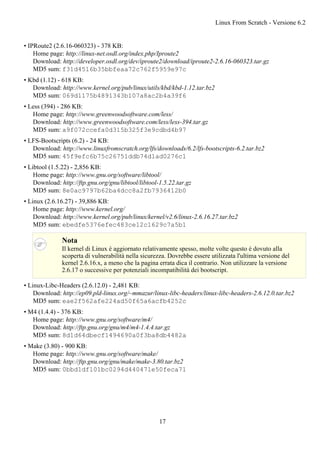 • IPRoute2 (2.6.16-060323) - 378 KB:
Home page: http://linux-net.osdl.org/index.php/Iproute2
Download: http://developer.osdl.org/dev/iproute2/download/iproute2-2.6.16-060323.tar.gz
MD5 sum: f31d4516b35bbfeaa72c762f5959e97c
• Kbd (1.12) - 618 KB:
Download: http://www.kernel.org/pub/linux/utils/kbd/kbd-1.12.tar.bz2
MD5 sum: 069d1175b4891343b107a8ac2b4a39f6
• Less (394) - 286 KB:
Home page: http://www.greenwoodsoftware.com/less/
Download: http://www.greenwoodsoftware.com/less/less-394.tar.gz
MD5 sum: a9f072ccefa0d315b325f3e9cdbd4b97
• LFS-Bootscripts (6.2) - 24 KB:
Download: http://www.linuxfromscratch.org/lfs/downloads/6.2/lfs-bootscripts-6.2.tar.bz2
MD5 sum: 45f9efc6b75c26751ddb74d1ad0276c1
• Libtool (1.5.22) - 2,856 KB:
Home page: http://www.gnu.org/software/libtool/
Download: http://ftp.gnu.org/gnu/libtool/libtool-1.5.22.tar.gz
MD5 sum: 8e0ac9797b62ba4dcc8a2fb7936412b0
• Linux (2.6.16.27) - 39,886 KB:
Home page: http://www.kernel.org/
Download: http://www.kernel.org/pub/linux/kernel/v2.6/linux-2.6.16.27.tar.bz2
MD5 sum: ebedfe5376efec483ce12c1629c7a5b1
Nota
Il kernel di Linux è aggiornato relativamente spesso, molte volte questo è dovuto alla
scoperta di vulnerabilità nella sicurezza. Dovrebbe essere utilizzata l'ultima versione del
kernel 2.6.16.x, a meno che la pagina errata dica il contrario. Non utilizzare la versione
2.6.17 o successive per potenziali incompatibilità dei bootscript.
• Linux-Libc-Headers (2.6.12.0) - 2,481 KB:
Download: http://ep09.pld-linux.org/~mmazur/linux-libc-headers/linux-libc-headers-2.6.12.0.tar.bz2
MD5 sum: eae2f562afe224ad50f65a6acfb4252c
• M4 (1.4.4) - 376 KB:
Home page: http://www.gnu.org/software/m4/
Download: http://ftp.gnu.org/gnu/m4/m4-1.4.4.tar.gz
MD5 sum: 8d1d64dbecf1494690a0f3ba8db4482a
• Make (3.80) - 900 KB:
Home page: http://www.gnu.org/software/make/
Download: http://ftp.gnu.org/gnu/make/make-3.80.tar.bz2
MD5 sum: 0bbd1df101bc0294d440471e50feca71
Linux From Scratch - Versione 6.2
17
 