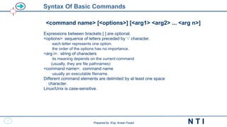 8
N T I
Prepared by: Eng. Anwar Fouad
Prepared by: Eng. Anwar Fouad
Syntax Of Basic Commands
<command name> [<options>] [<arg1> <arg2> ... <arg n>]
Expressions between brackets [ ] are optional.
<options>: sequence of letters preceded by ‘-’ character.
each letter represents one option.
the order of the options has no importance.
<arg i>: string of characters
its meaning depends on the current command
(usually, they are file pathnames)
<command name>: command name
usually an executable filename.
Different command elements are delimited by at least one space
character.
Linux/Unix is case-sensitive.
 