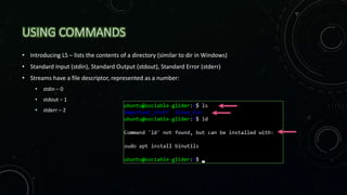 USING COMMANDS
• Introducing LS – lists the contents of a directory (similar to dir in Windows)
• Standard Input (stdin), Standard Output (stdout), Standard Error (stderr)
• Streams have a file descriptor, represented as a number:
• stdin – 0
• stdout – 1
• stderr – 2
 