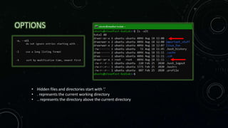 OPTIONS
• Hidden files and directories start with ‘.’
• . represents the current working directory
• .. represents the directory above the current directory
 