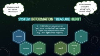 SYSTEM INFORMATION TREASURE HUNT!
1. Find the kernel release number
Flag – kernel number flag{x.x.x-xxxx-xxx}
2. Display only your group id number
Flag – four digit number flag{xxxx}
What command
lists system
information?
What command
shows the
user/group’s
numeric value?
whoami id
hostname uname
ifconfig
or
ip
pwd
 