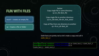 FUN WITH FILES
touch – creates an empty file
cp – Copies a file or folder
Syntax:
Copy single file in same directory:
cp src_file dest_file
Copy single file to another directory:
cp src_file dest_file dir_that_exists
Copy all files from one directory to another
cp –R src_dir dest_dir
Sloth facts are pretty rad so let’s make a copy and call it
sloth_fact_2
 
