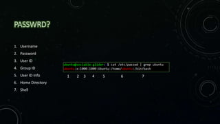 PASSWRD?
1. Username
2. Password
3. User ID
4. Group ID
5. User ID Info
6. Home Directory
7. Shell
1 2 3 4 5 6 7
 